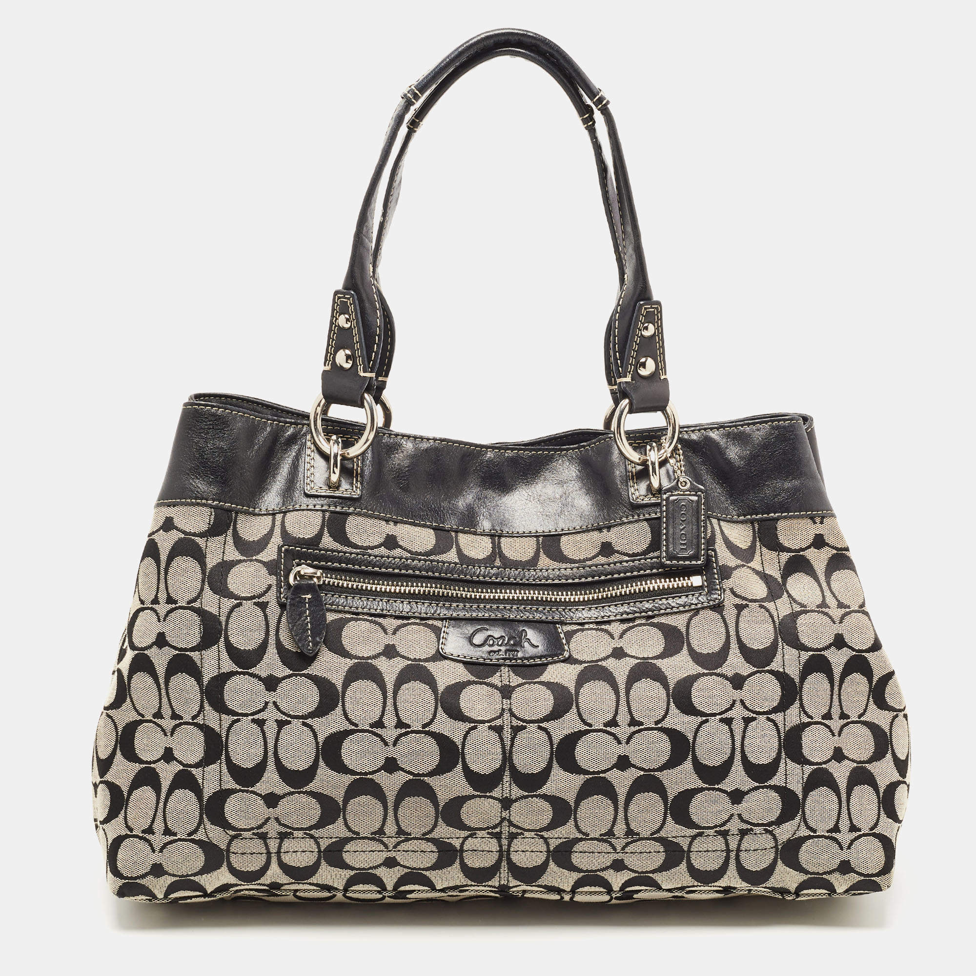 Coach Black/Grey Signature Canvas and Leather Penelope Carryall Tote