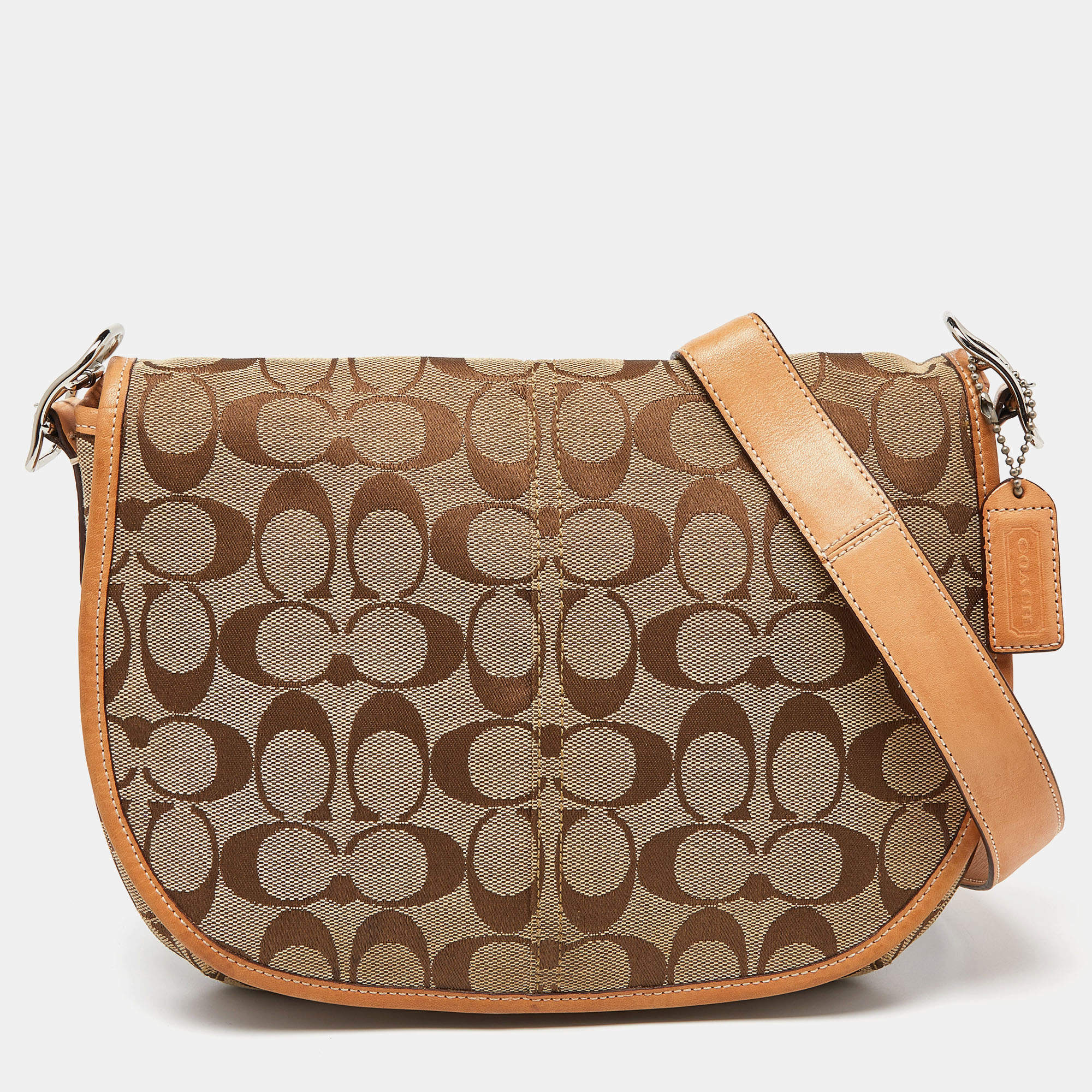 Pre Owned Coach Beige Signature Canvas and Leather Flap Crossbody Bag
