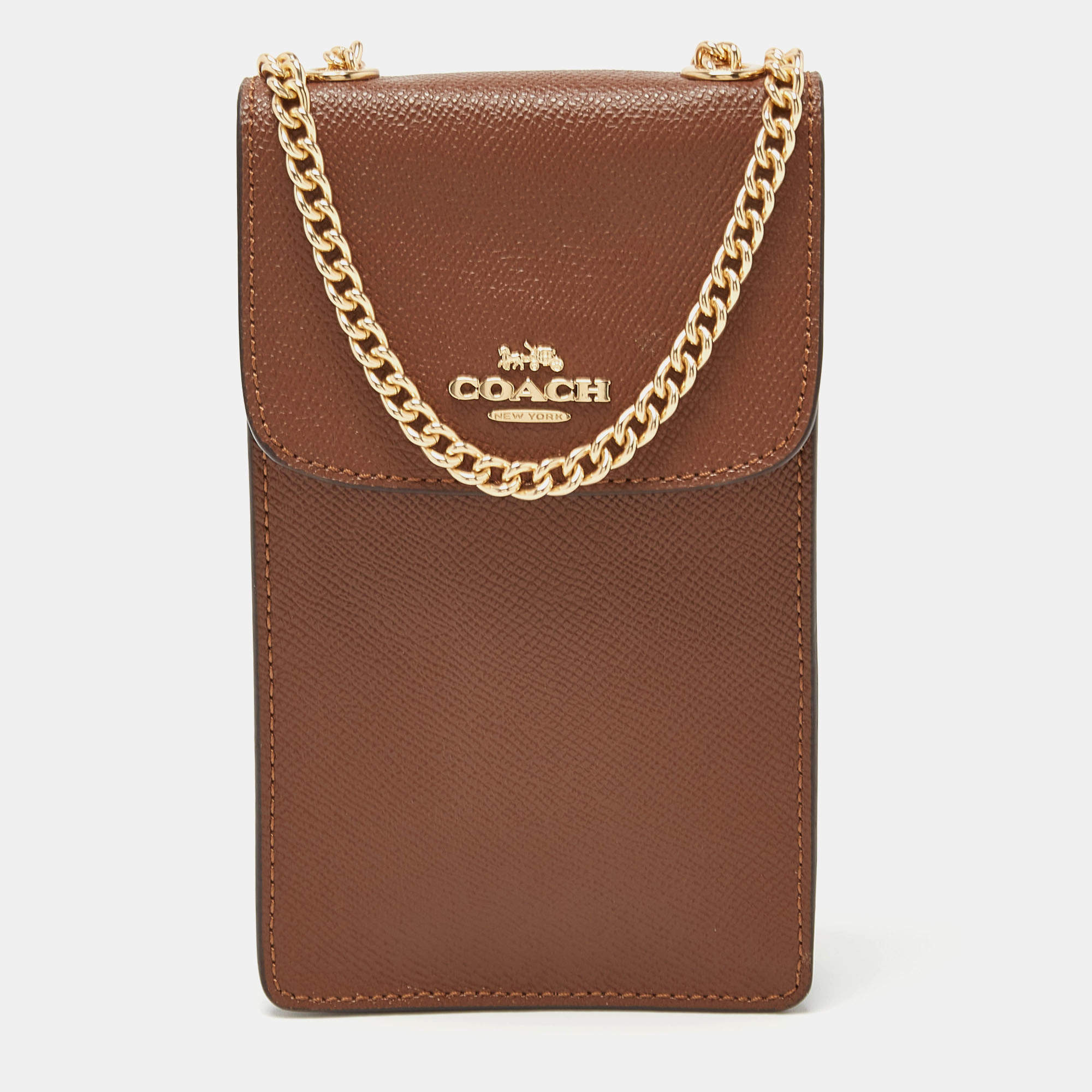 Pre Owned Coach Brown Saffiano Leather North/South Phone Crossbody Bag