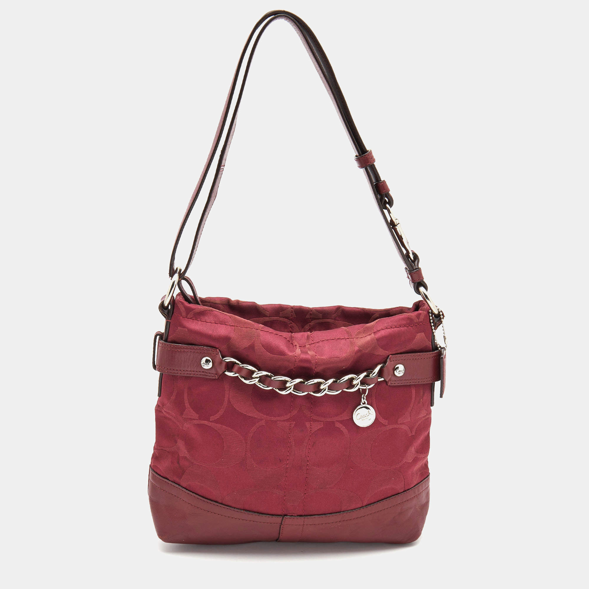 Pre Owned Coach Burgundy Signature Satin and Leather Chain Detail Hobo
