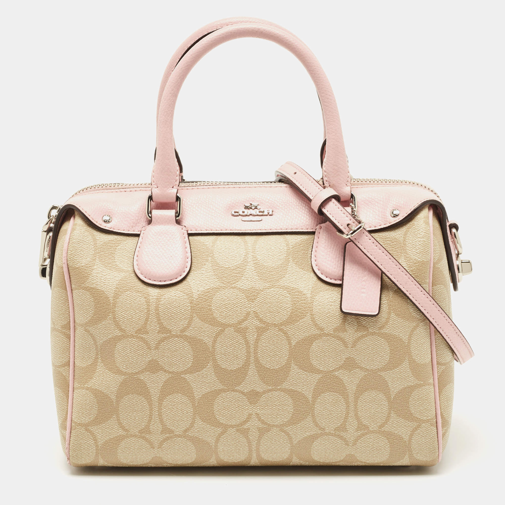 Coach Pink/Beige Signature Coated Canvas and Leather Mini Bennett Satchel