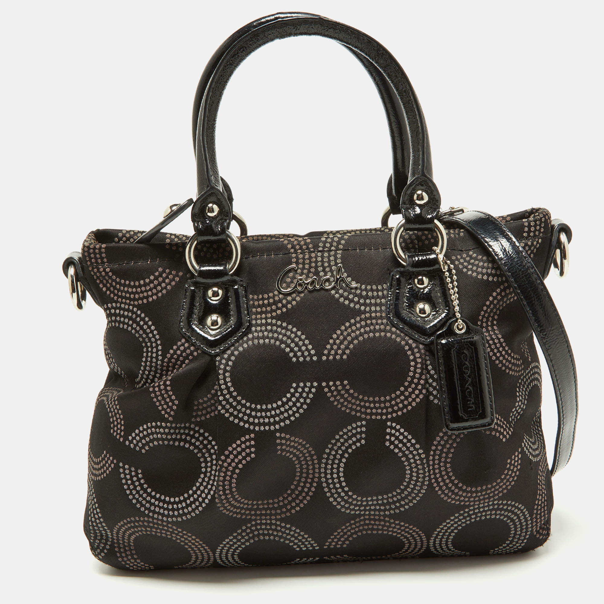 Pre Owned Coach Black Op Art Fabric and Patent Leather Sophia Satchel