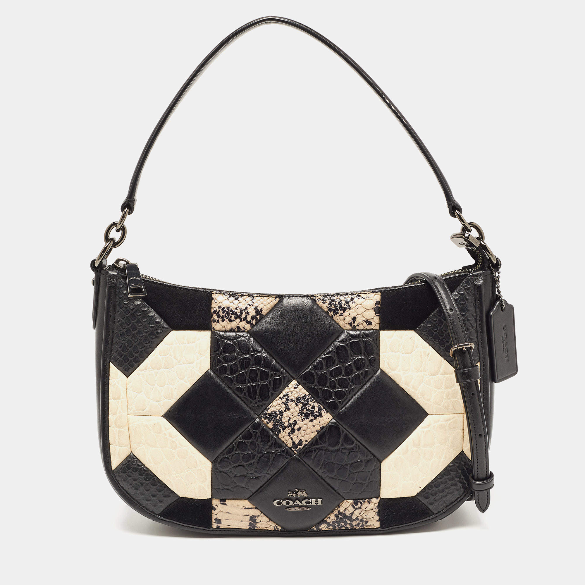 Pre Owned Coach Beige/Black Mixed Exotic Embossed Leather and Leather Chelsea Crossbody Bag