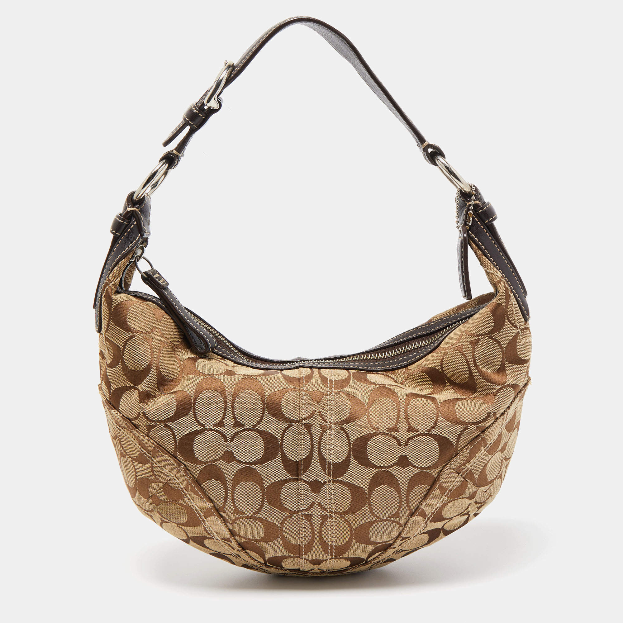 Coach Beige/Brown Signature Fabric and Leather Buckle Handle Hobo