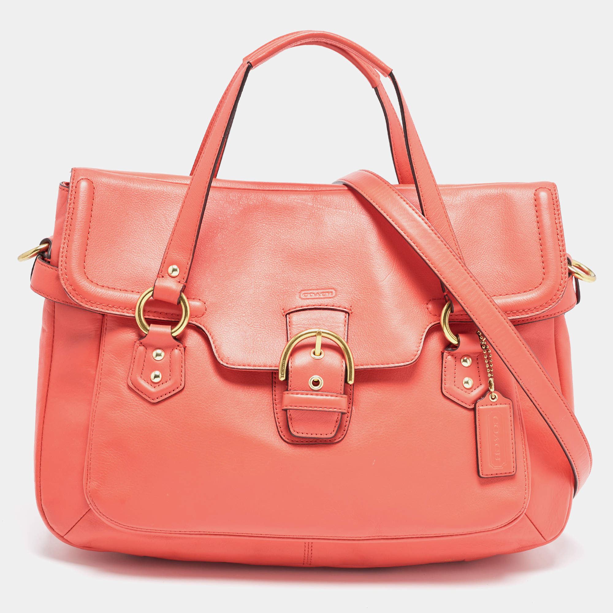 Pre Owned Coach Orange Leather Eva Flap Satchel