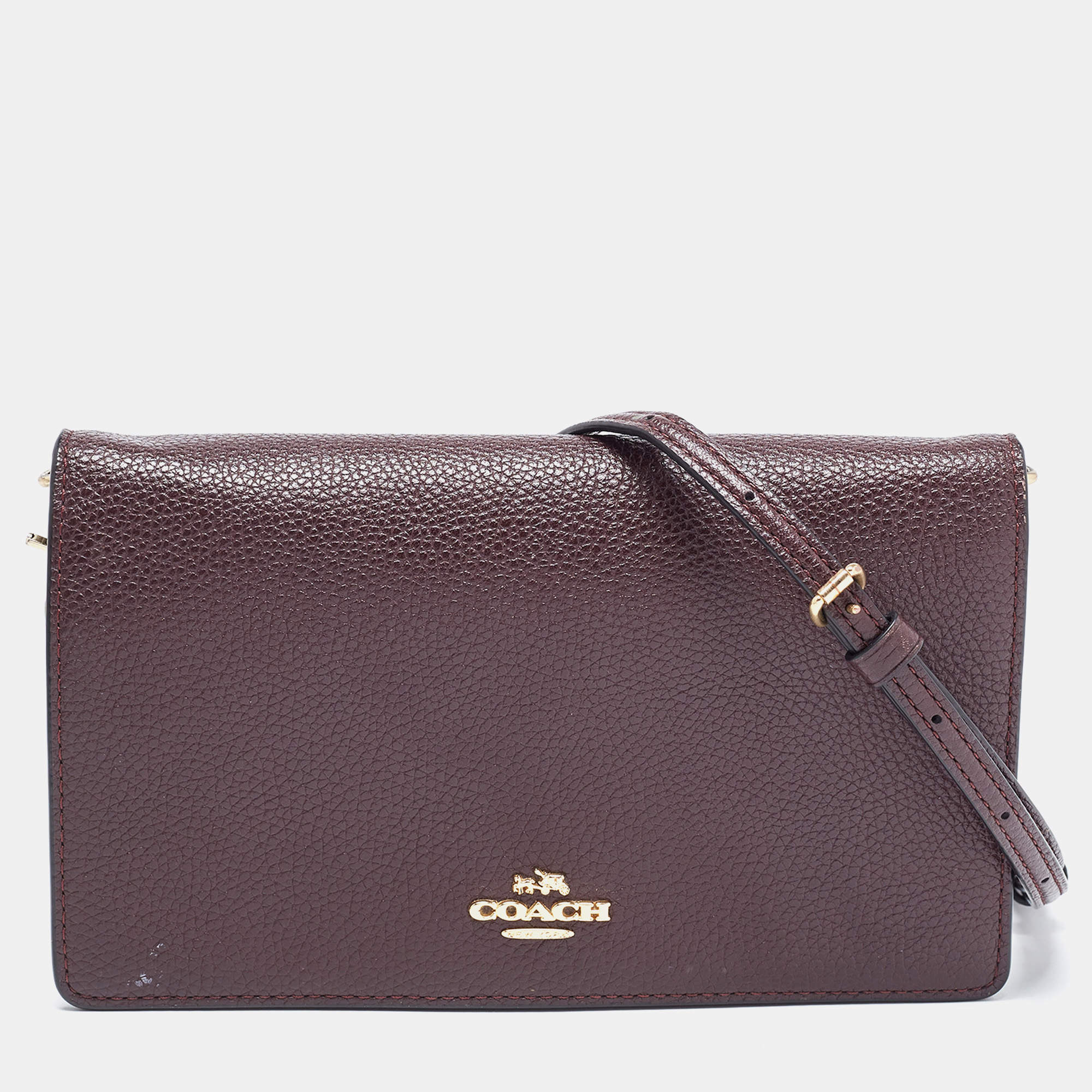 Coach Dark Brown Pebbled Leather Hayden Foldover Clutch Bag