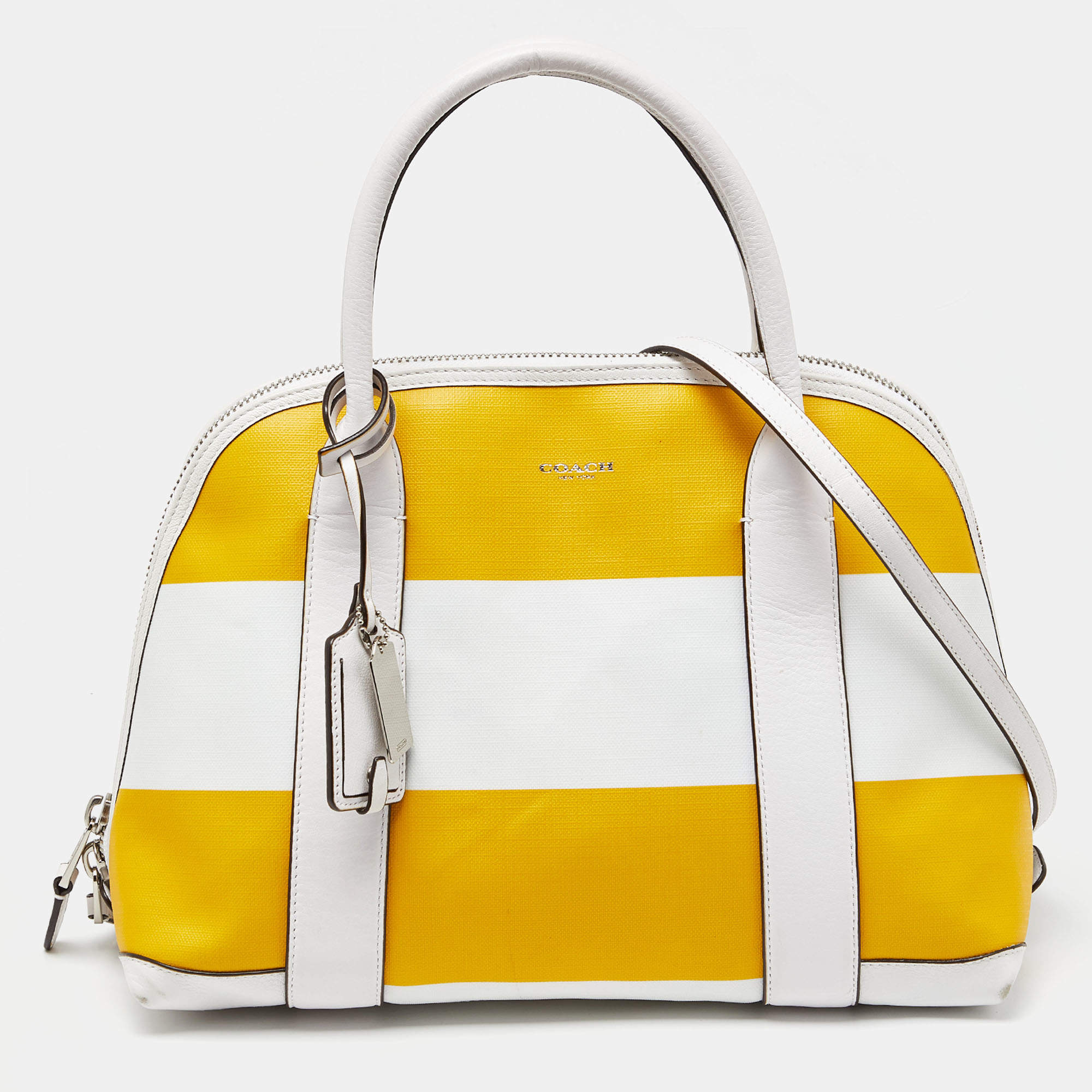 Pre Owned Coach Yellow/White Striped Coated Canvas and Leather Satchel