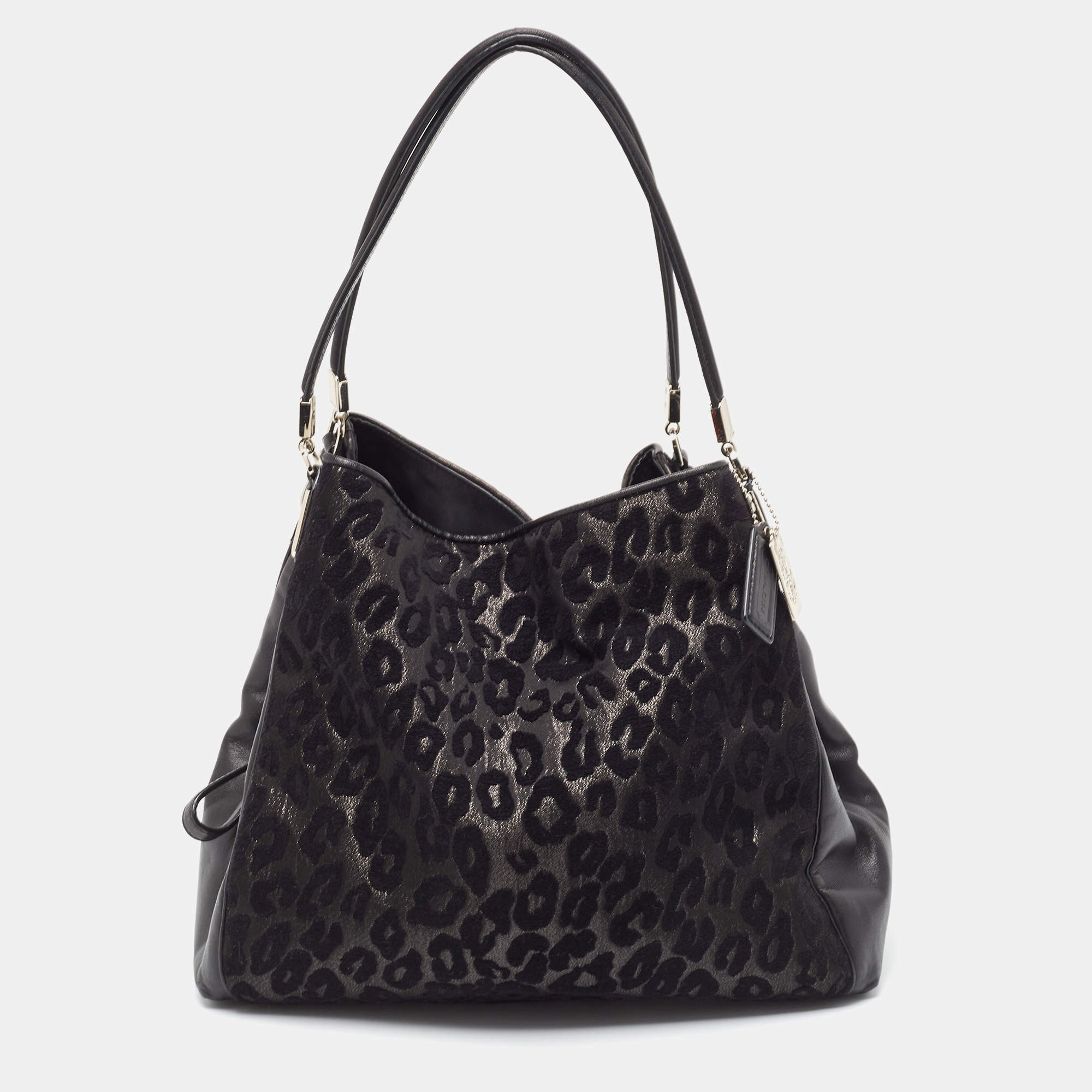 Pre Owned Coach Black Leopard Print Fabric and Leather Edie 31 Satchel