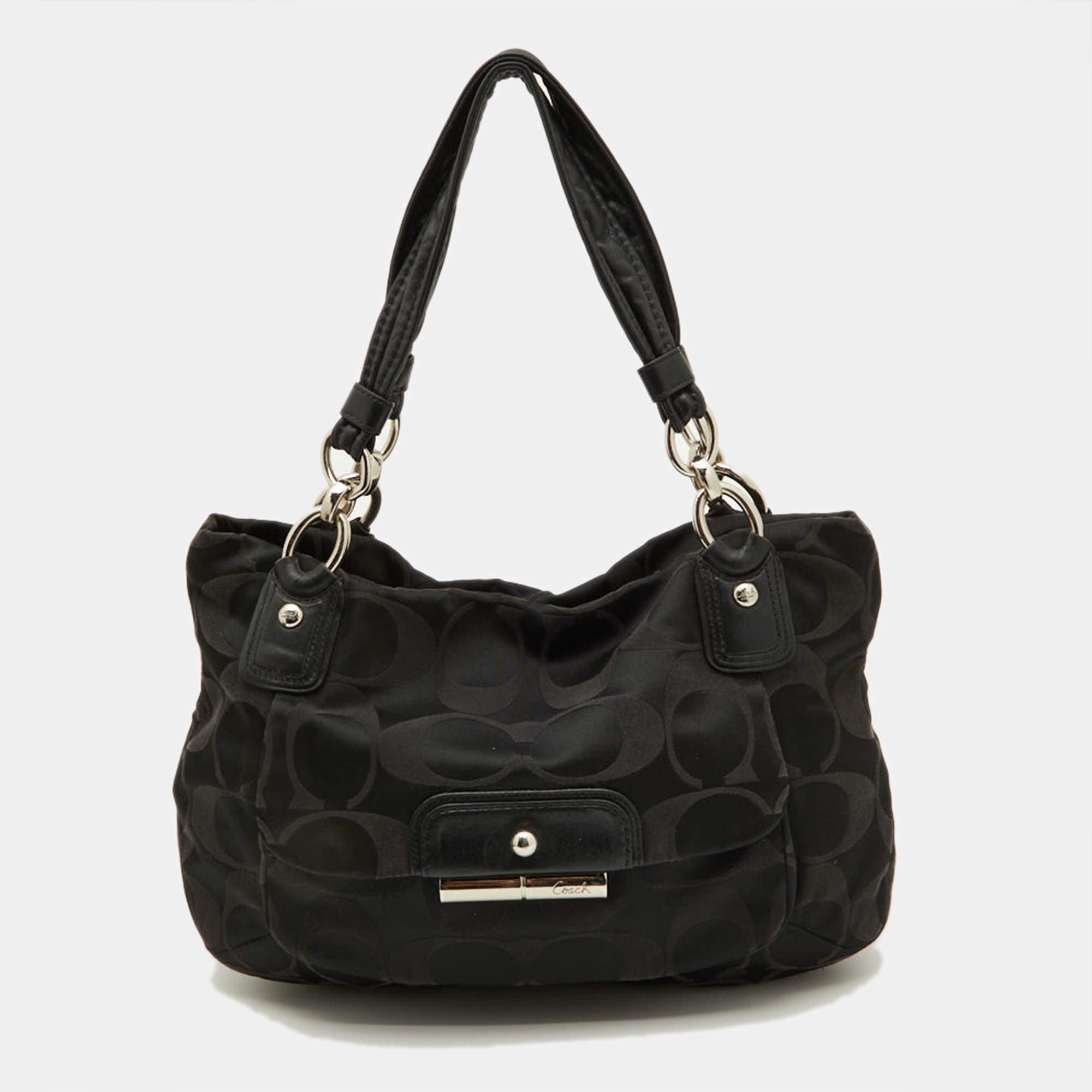 Pre Owned Coach Black Op Art Canvas and Leather Kristin Zip Bag