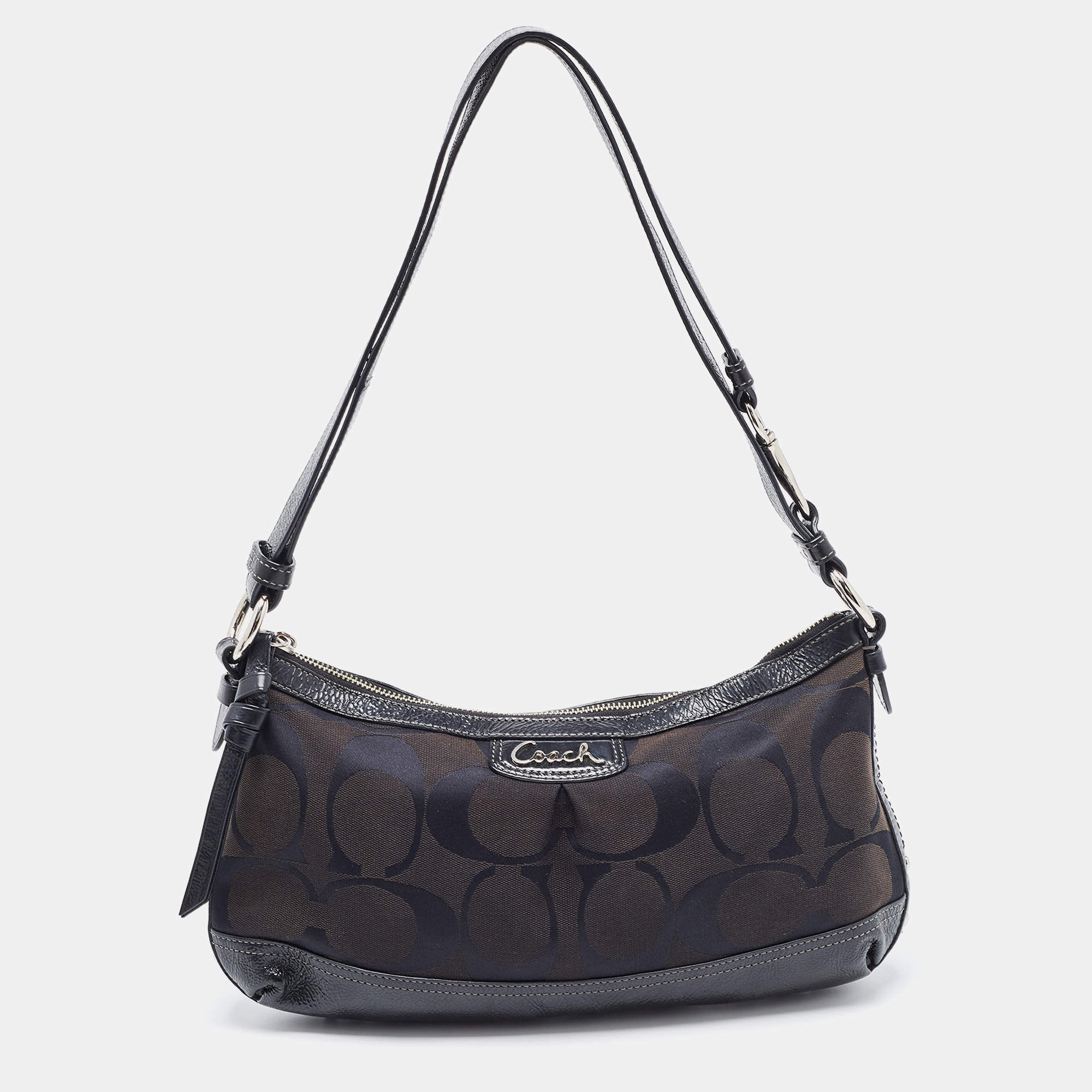Pre Owned Coach Black Signature Canvas and Patent Leather Shoulder Bag