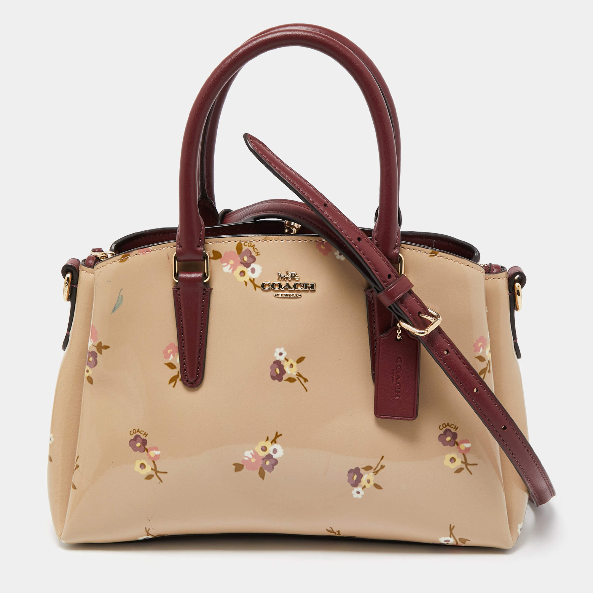 Coach Burgundy/Cream Floral Print Patent and Leather Mini Sage Carryall Satchel