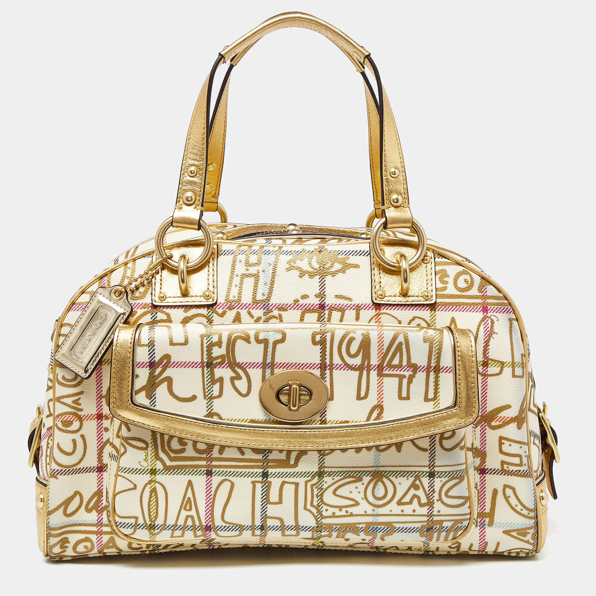 Pre Owned Coach Gold PVC and Leather Graffiti Tattersall Satchel
