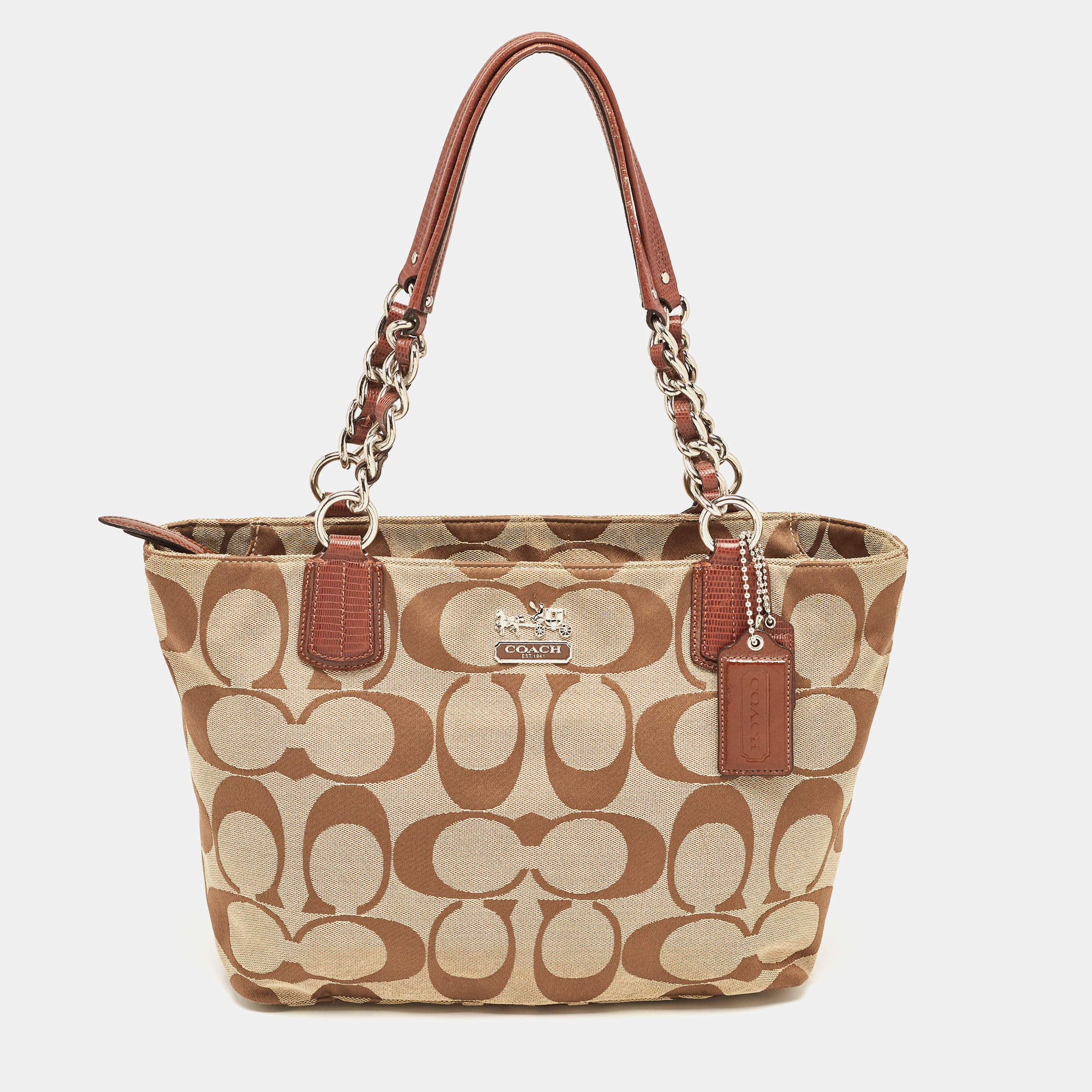 Coach Brown/Beige Signature Canvas and Leather Chain Tote