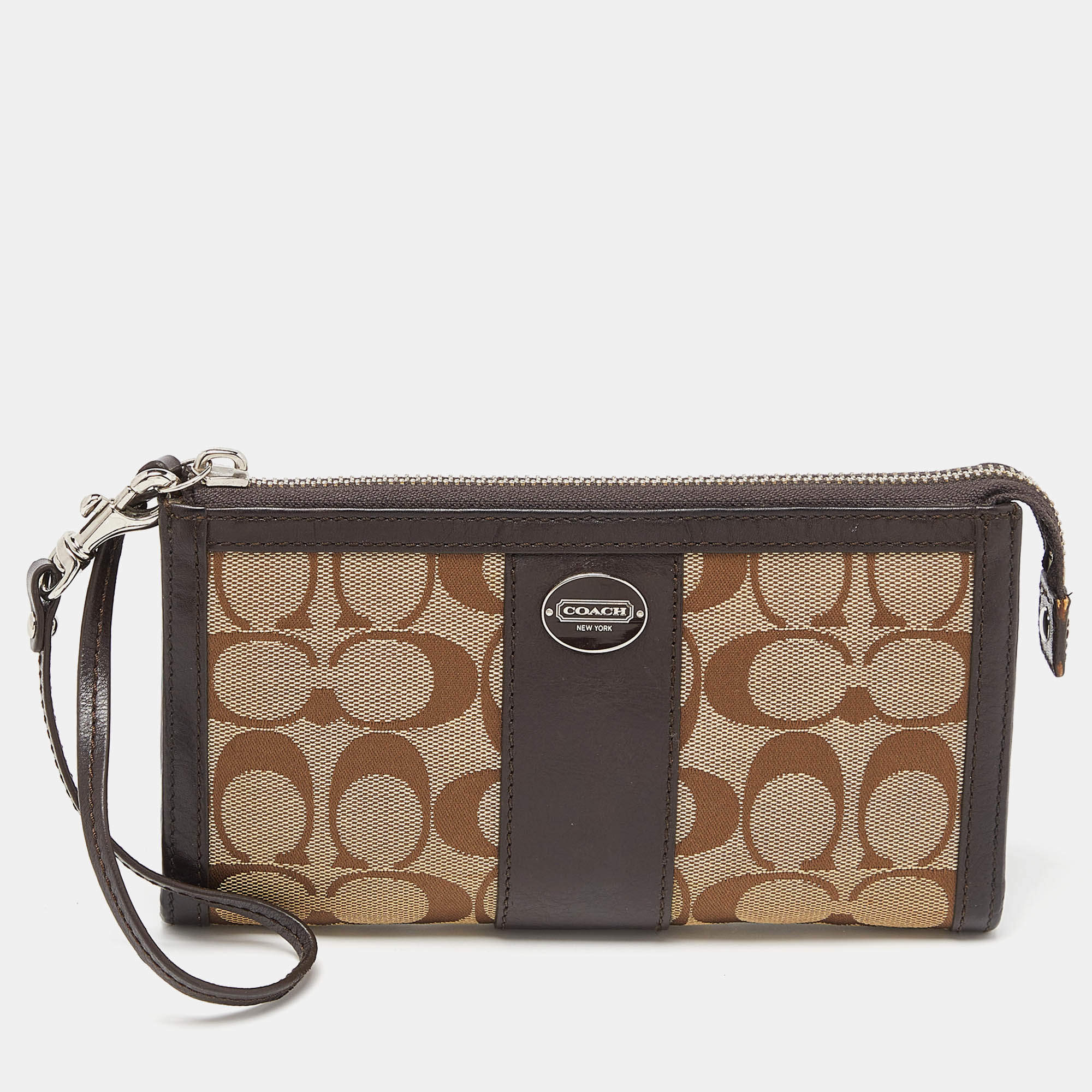 Coach Brown/Beige Signature Canvas and Leather Zip Wristlet Pouch