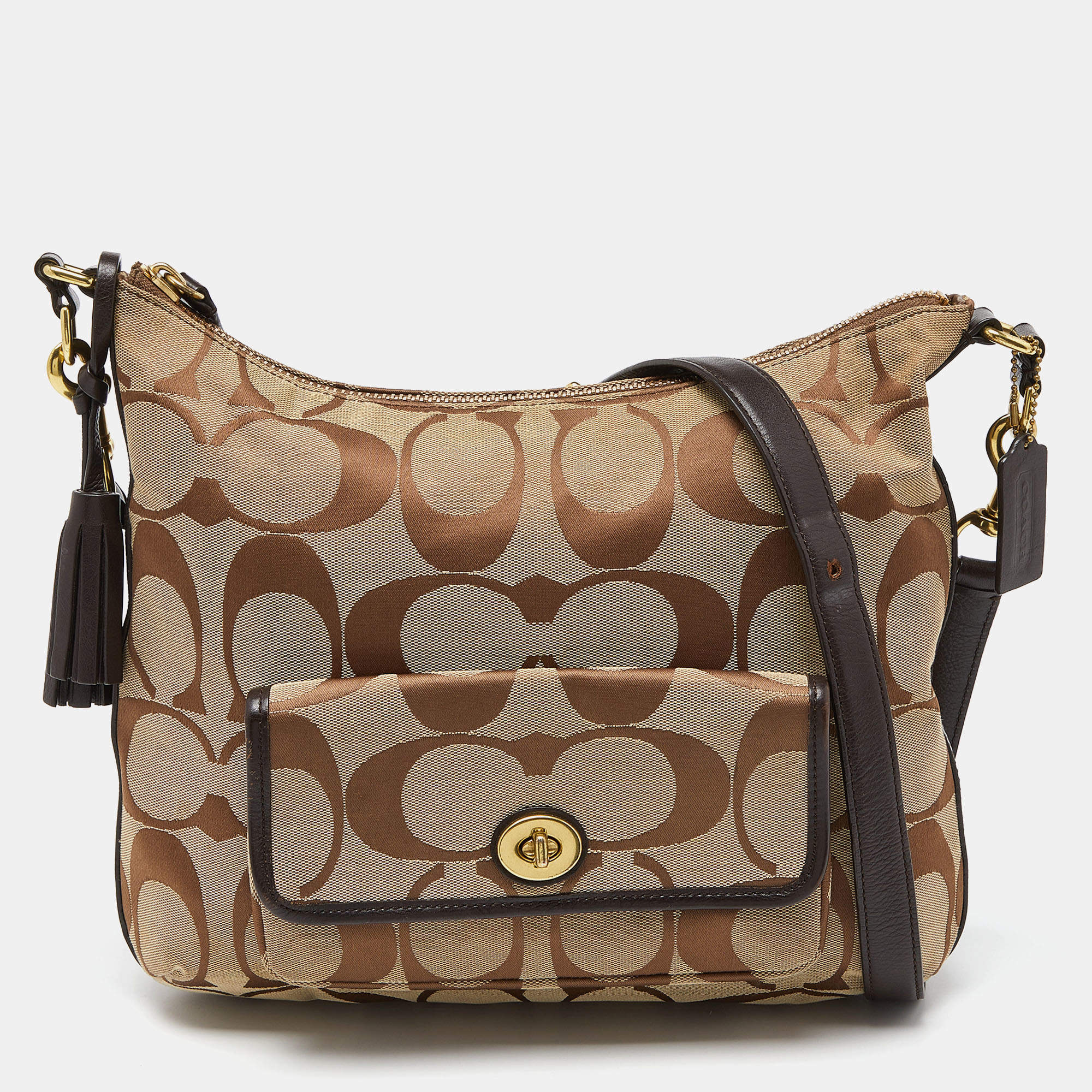 Pre Owned Coach Beige/Brown Signature Canvas and Leather Courtenay Crossbody Bag