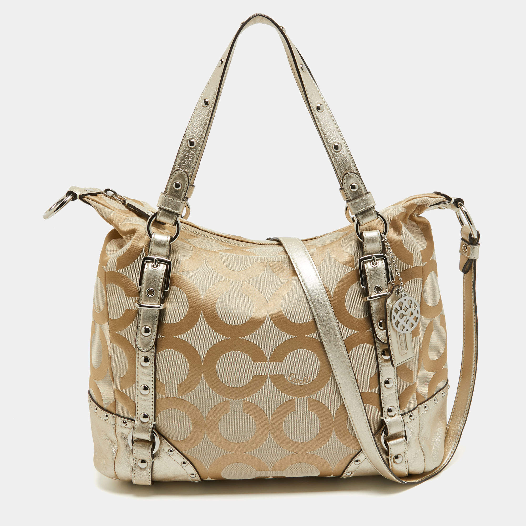 Pre Owned Coach Beige/Gold Op Art Signature Canvas and Leather Alexandra Satchel