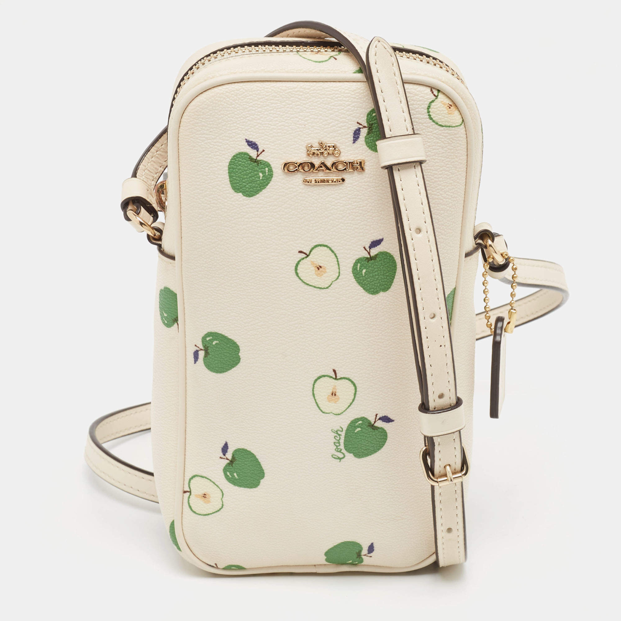 Pre Owned Coach Off White/Green Apple Print Coated Canvas North/South Crossbody Bag