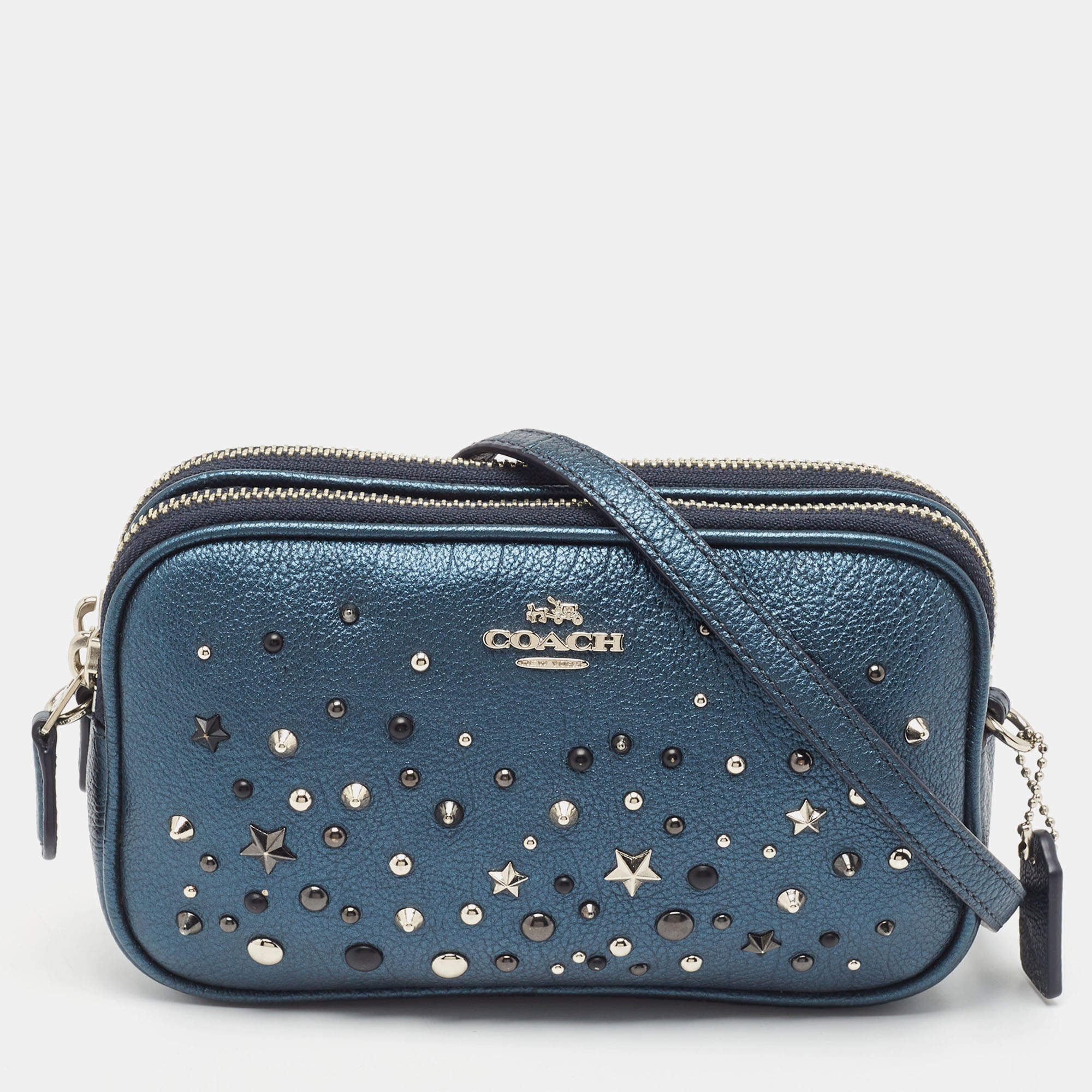 Pre Owned Coach Metallic Blue Leather Studded Double Zip Crossbody Bag