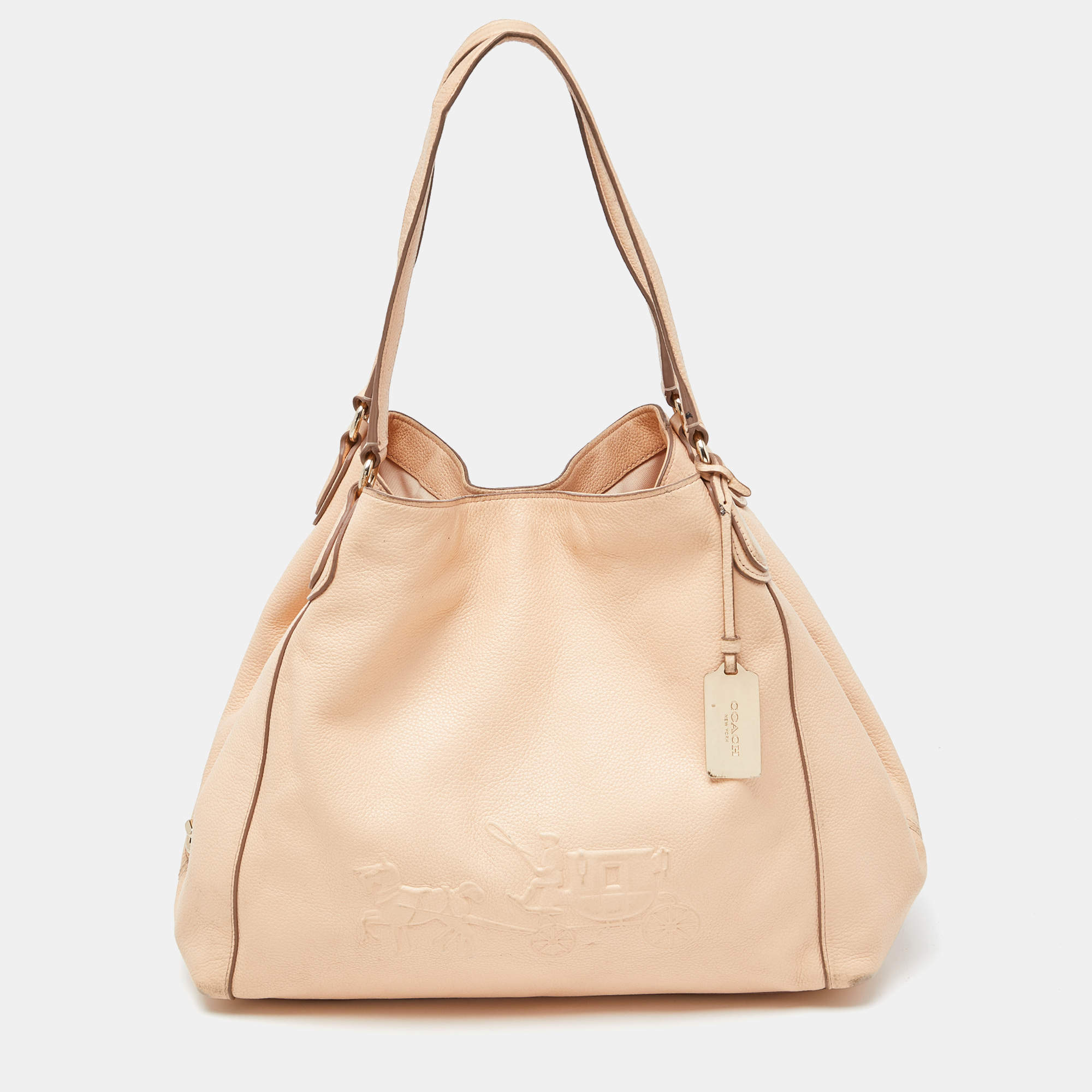 Pre Owned Coach Peach Leather Horse Carriage Edie Shoulder Bag