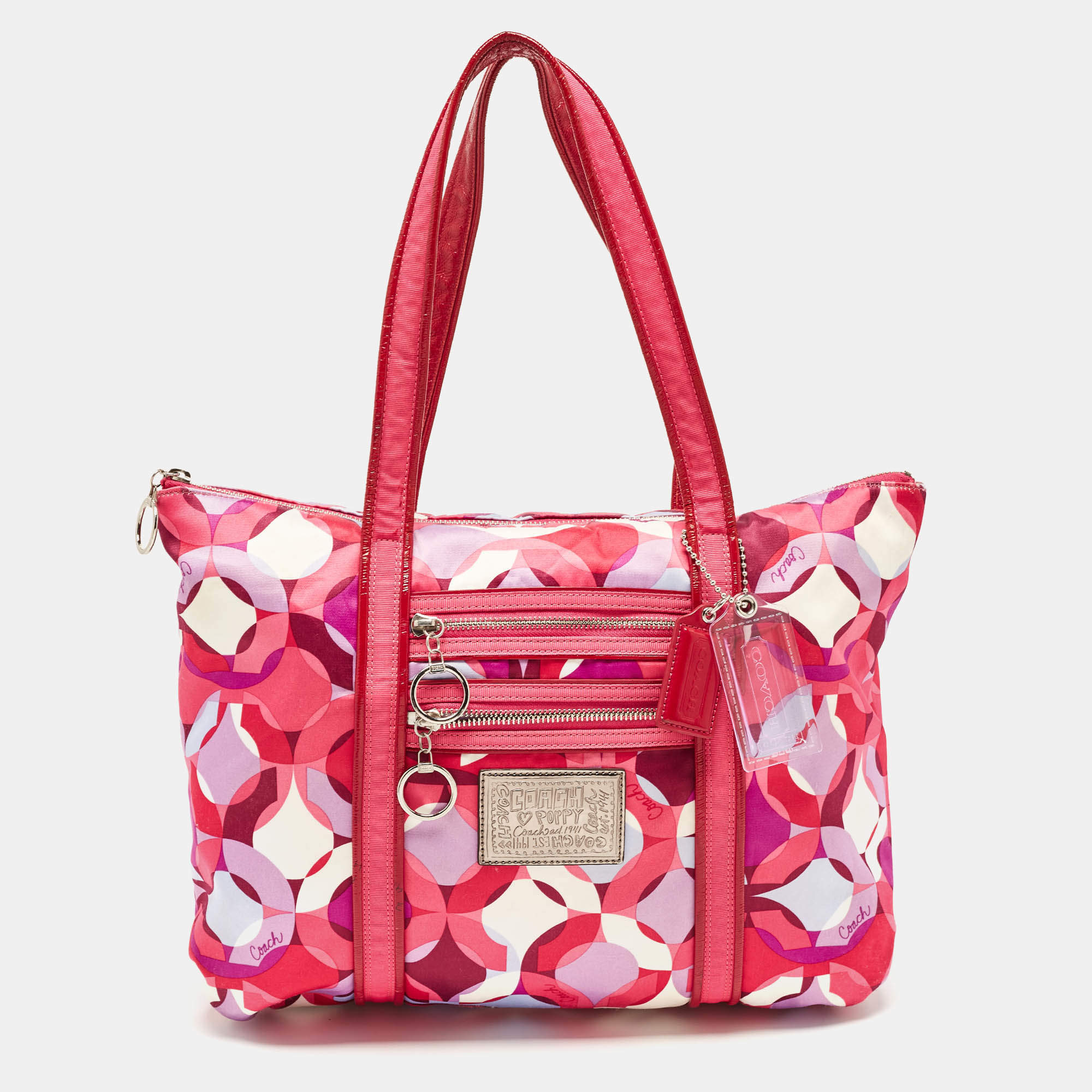 Pre Owned Coach Pink Signature Satin and Patent Leather Tote