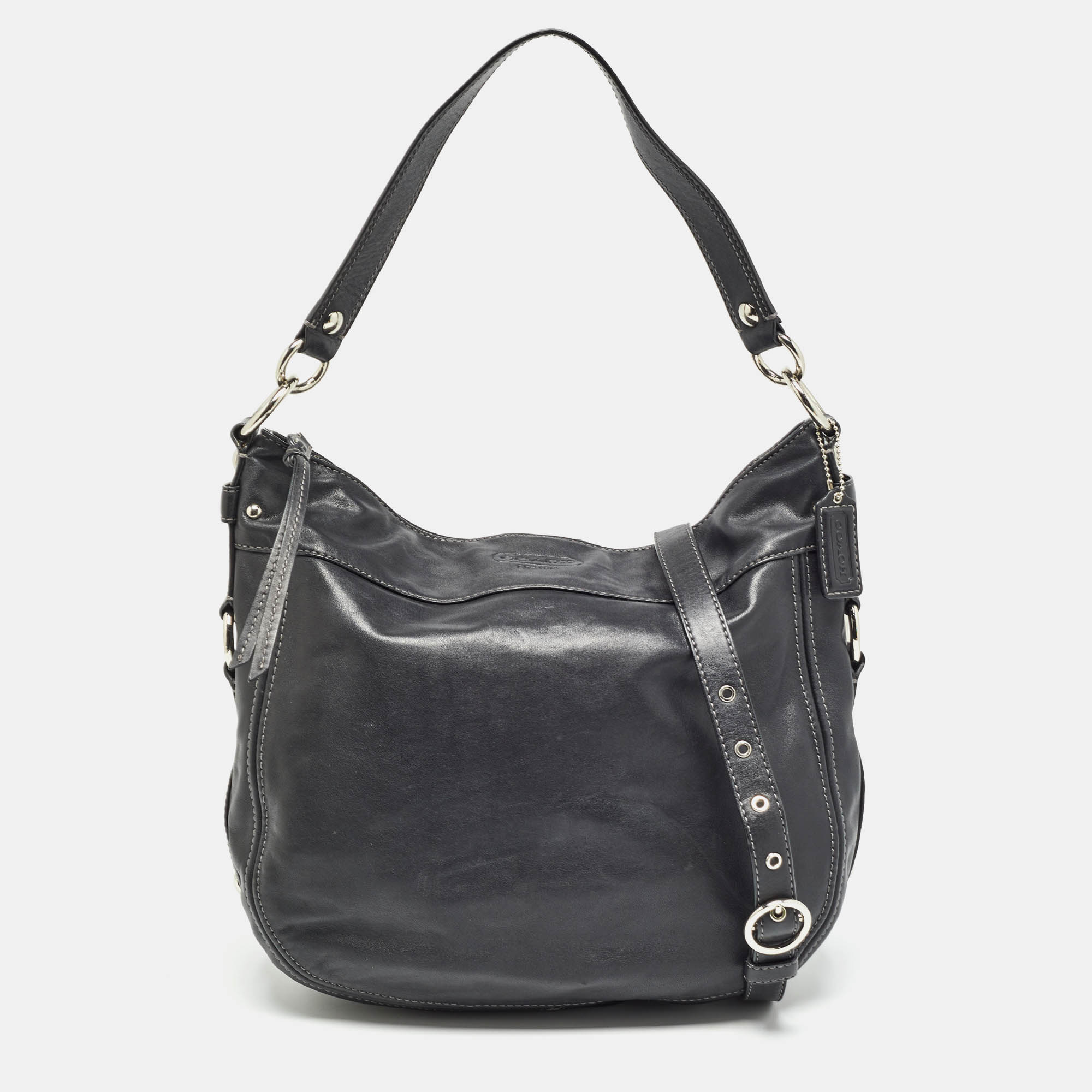 Pre Owned Coach Black Leather Logo Hobo