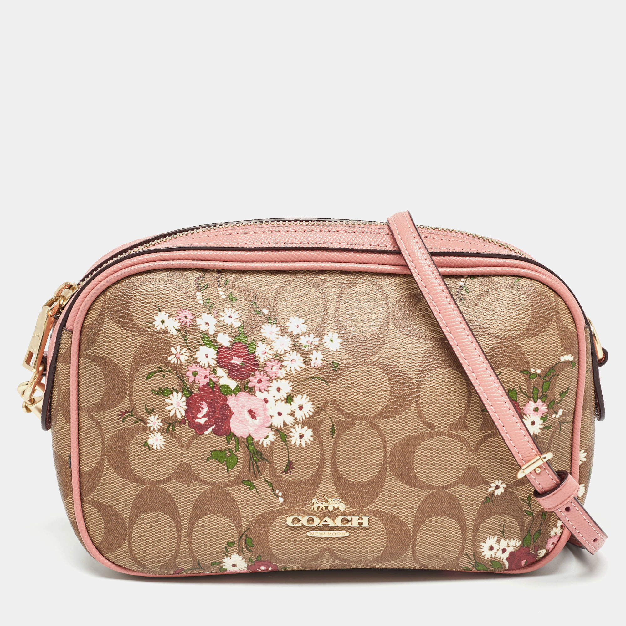 Coach Pink/Beige Signature Coated Canvas and Leather Isla Chain Crossbody Bag