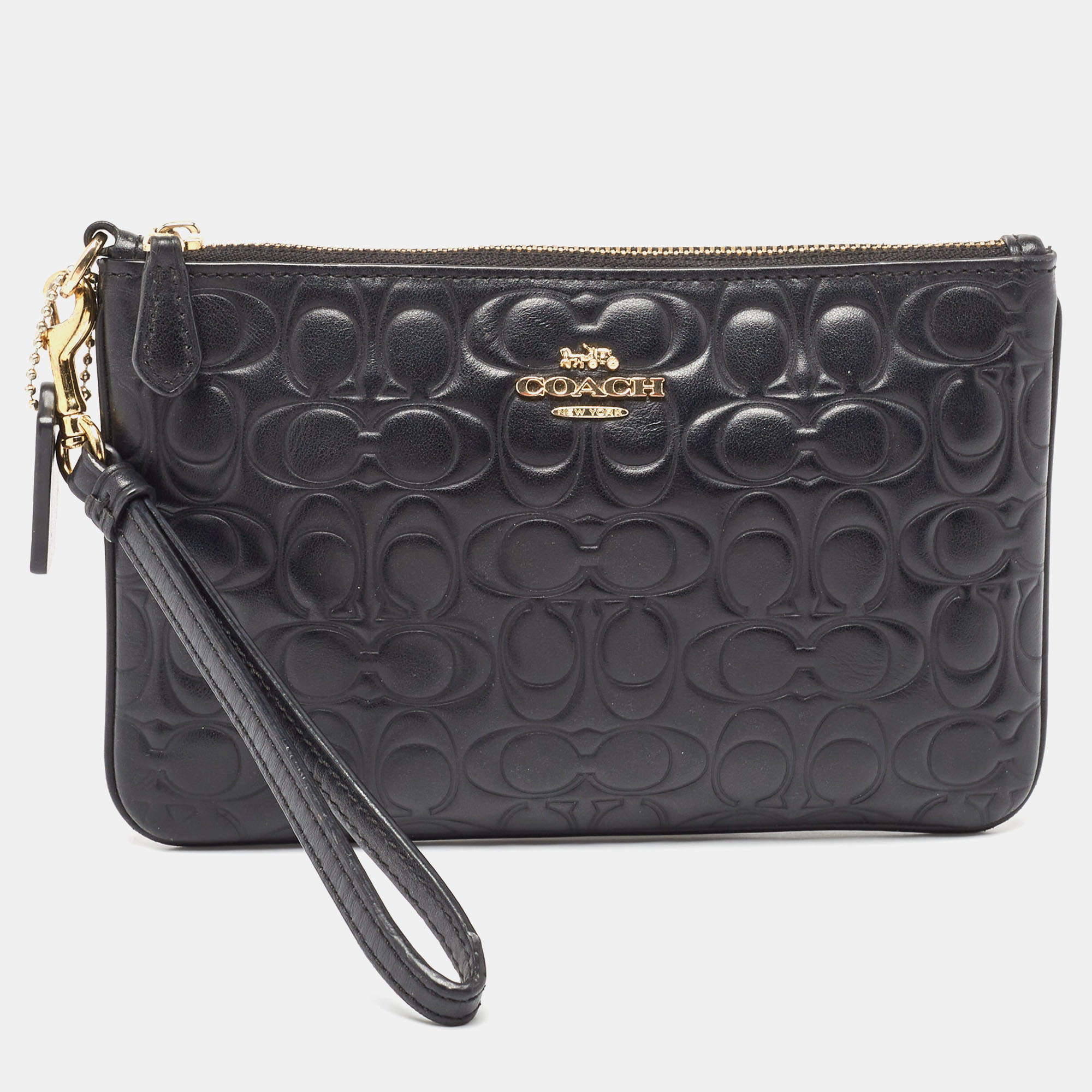 Coach Black Signature Embossed Leather Wristlet Pouch