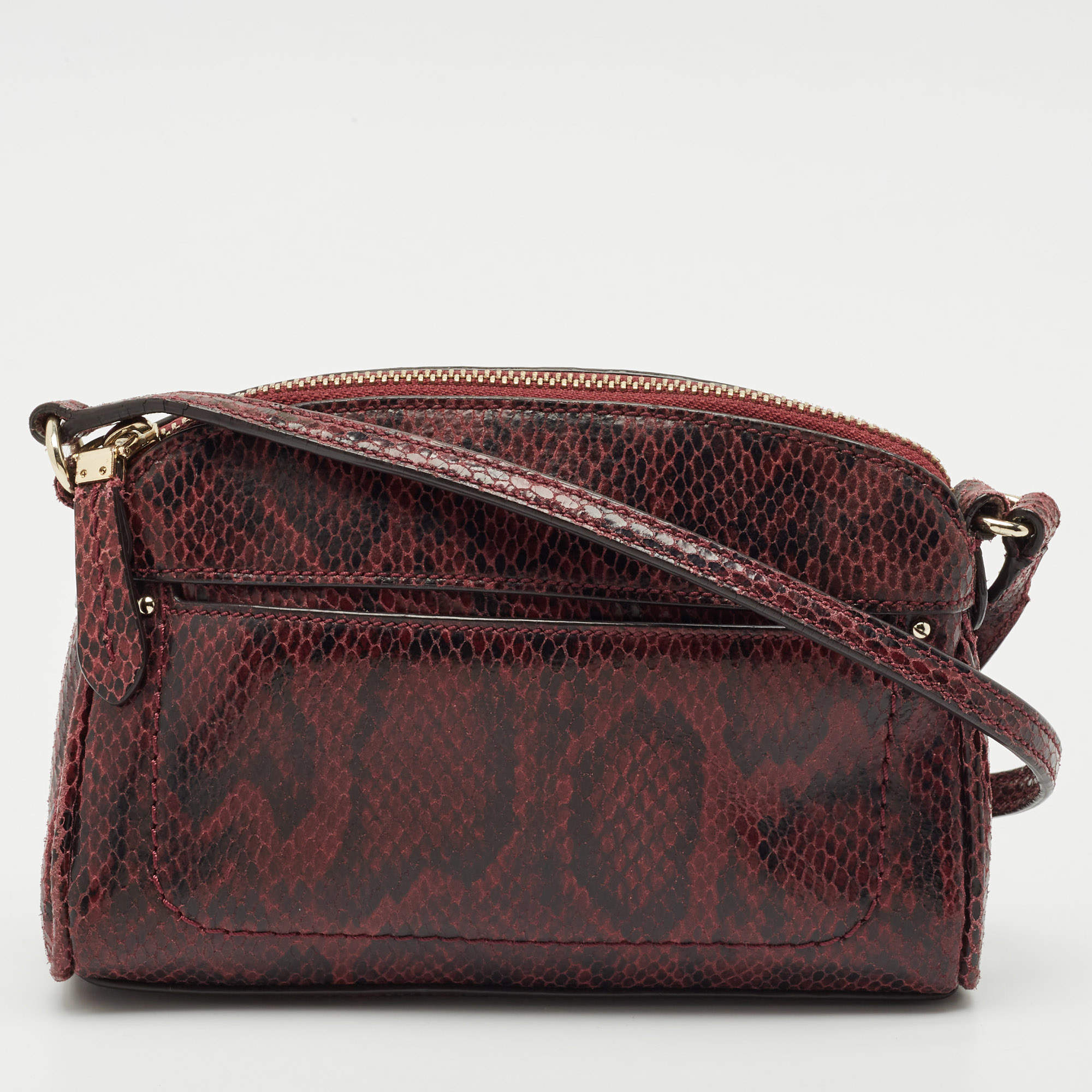 Cole Haan Burgundy Snakeskin Embossed Leather Zip Crossbody Bag