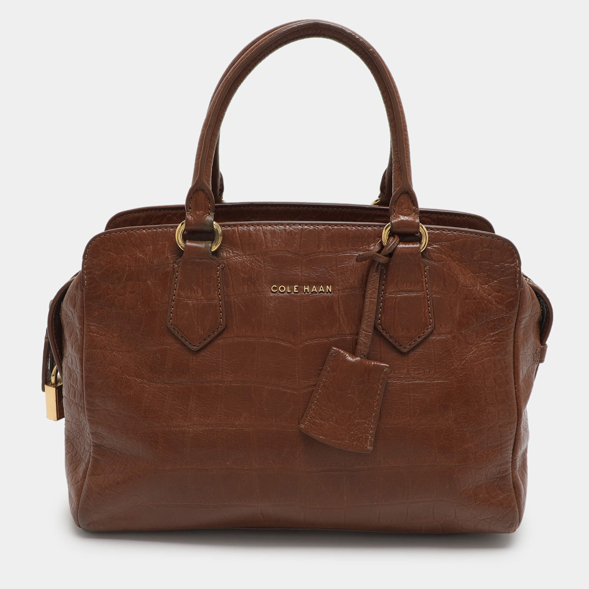 Pre Owned Cole Haan Brown Croc Embossed Leather Satchel