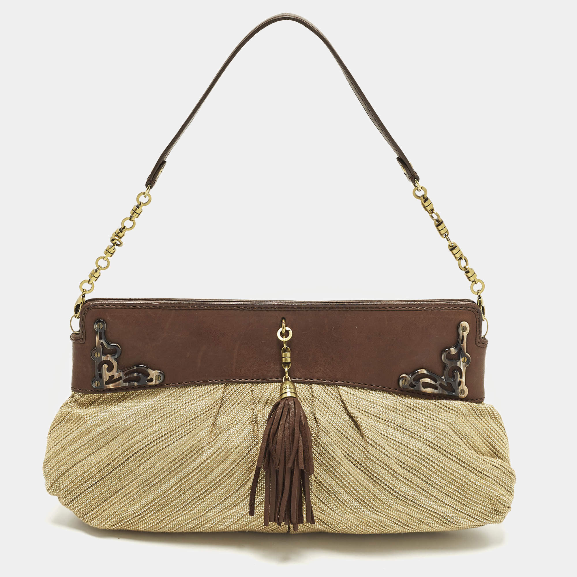 مملوكة مسبقًا Cole Haan Tassel Brown/Cream Fabric and Leather Shoulder Bag