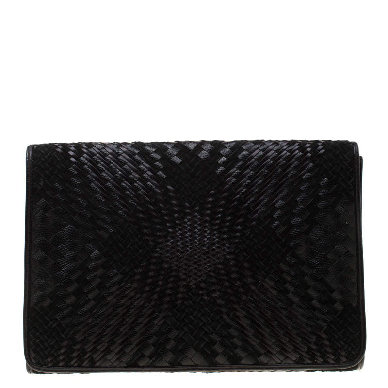 Pre Owned Cole Haan Black Woven Leather and Suede Clutch