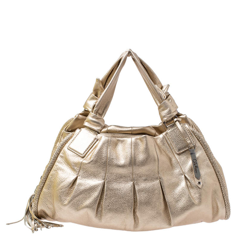 Pre Owned Cole Haan Metallic Gold Pebbled Leather Hobo