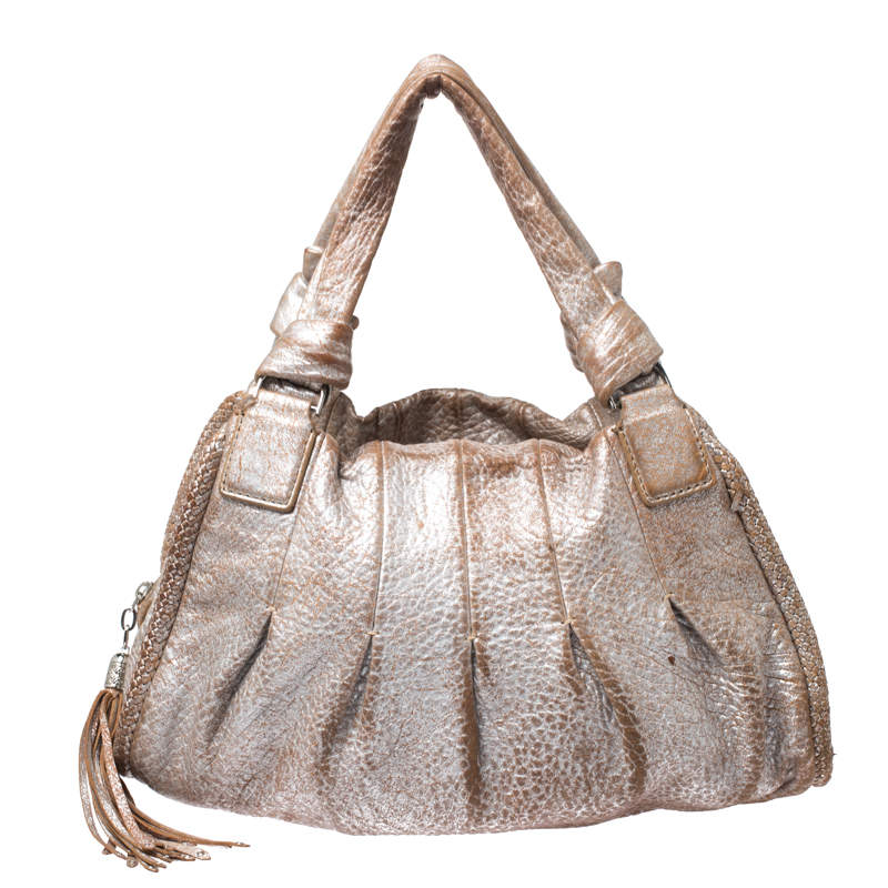 Pre Owned Cole Haan Metallic Beige Pleated Leather Tassel Hobo