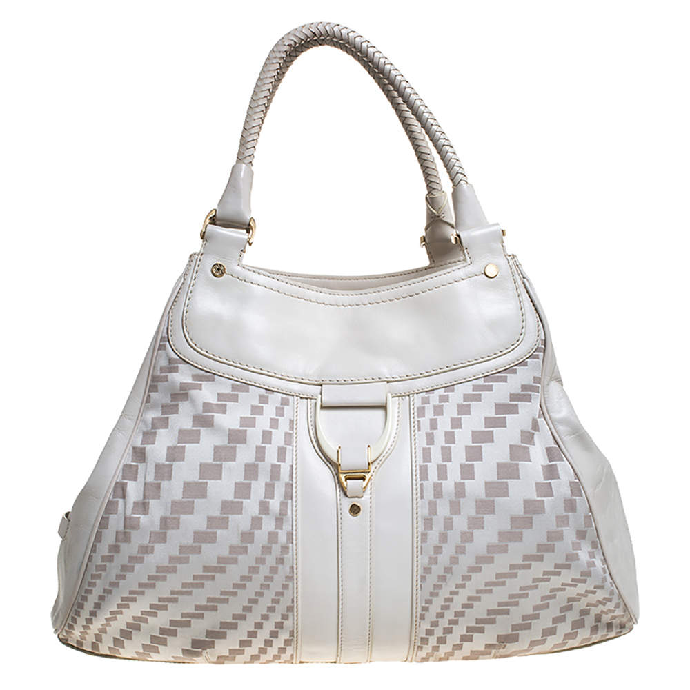 Pre Owned Cole Haan White checkered Fabric and Leather Triangle Tote 