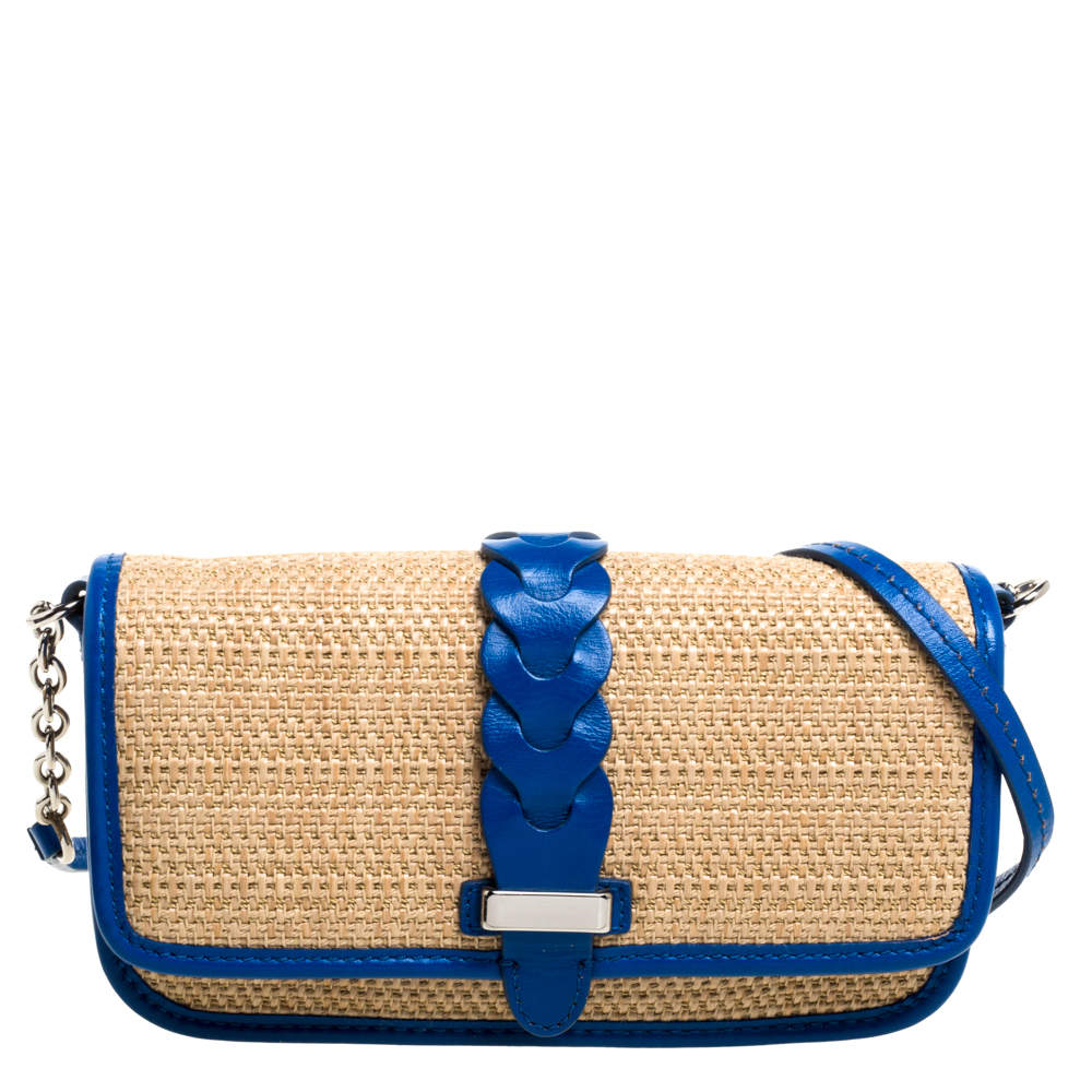 Pre Owned Cole Haan Beige/Blue Woven Straw,Fabric and Leather Bedford Crossbody Bag
