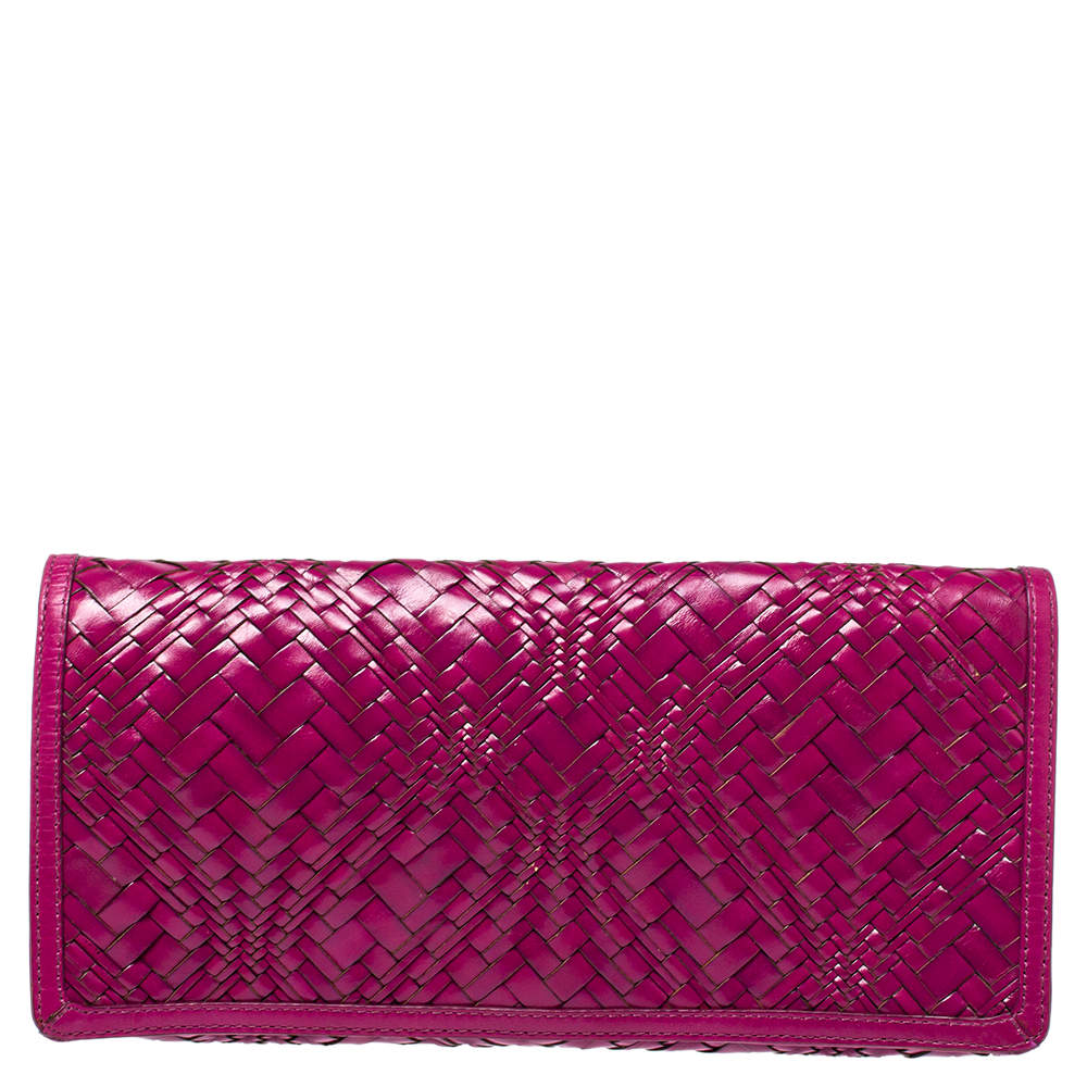 Cole Haan Fuchsia Woven Leather Flap Clutch 