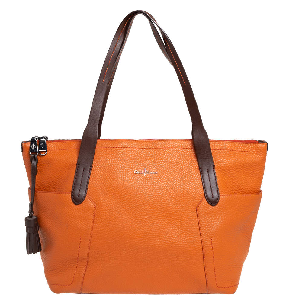Pre Owned Cole Haan Orange/Brown Leather Parker Top Zip Shopper Tote