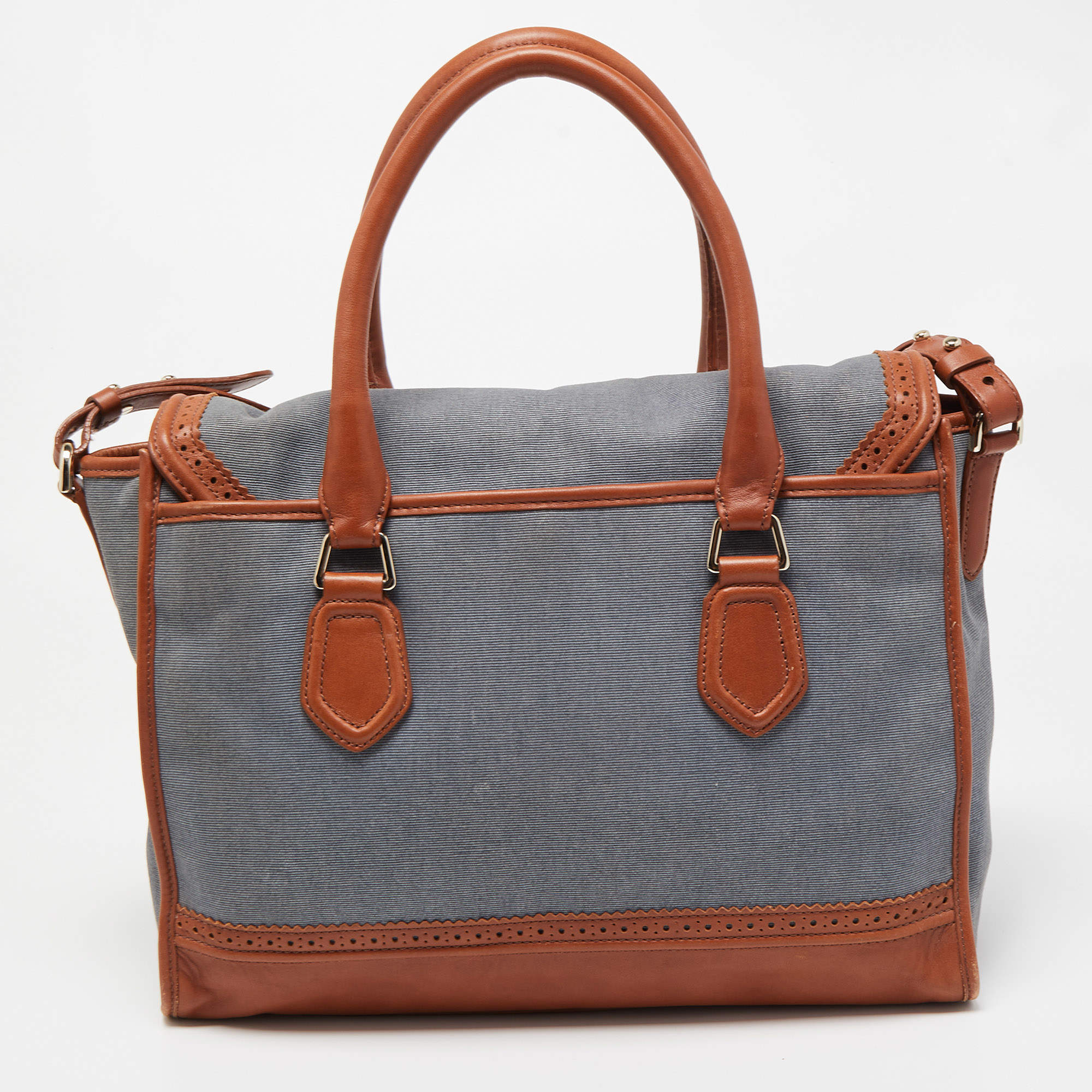 Cole Haan Blue/Tan Denim and Leather Flap Brooke Tote Cole Haan