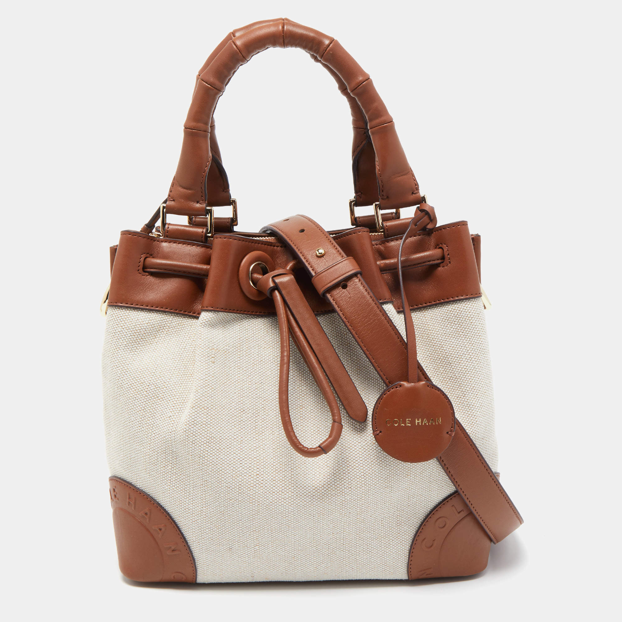 Cole Haan Beige/Tan Canvas and Leather Drawstring Bag