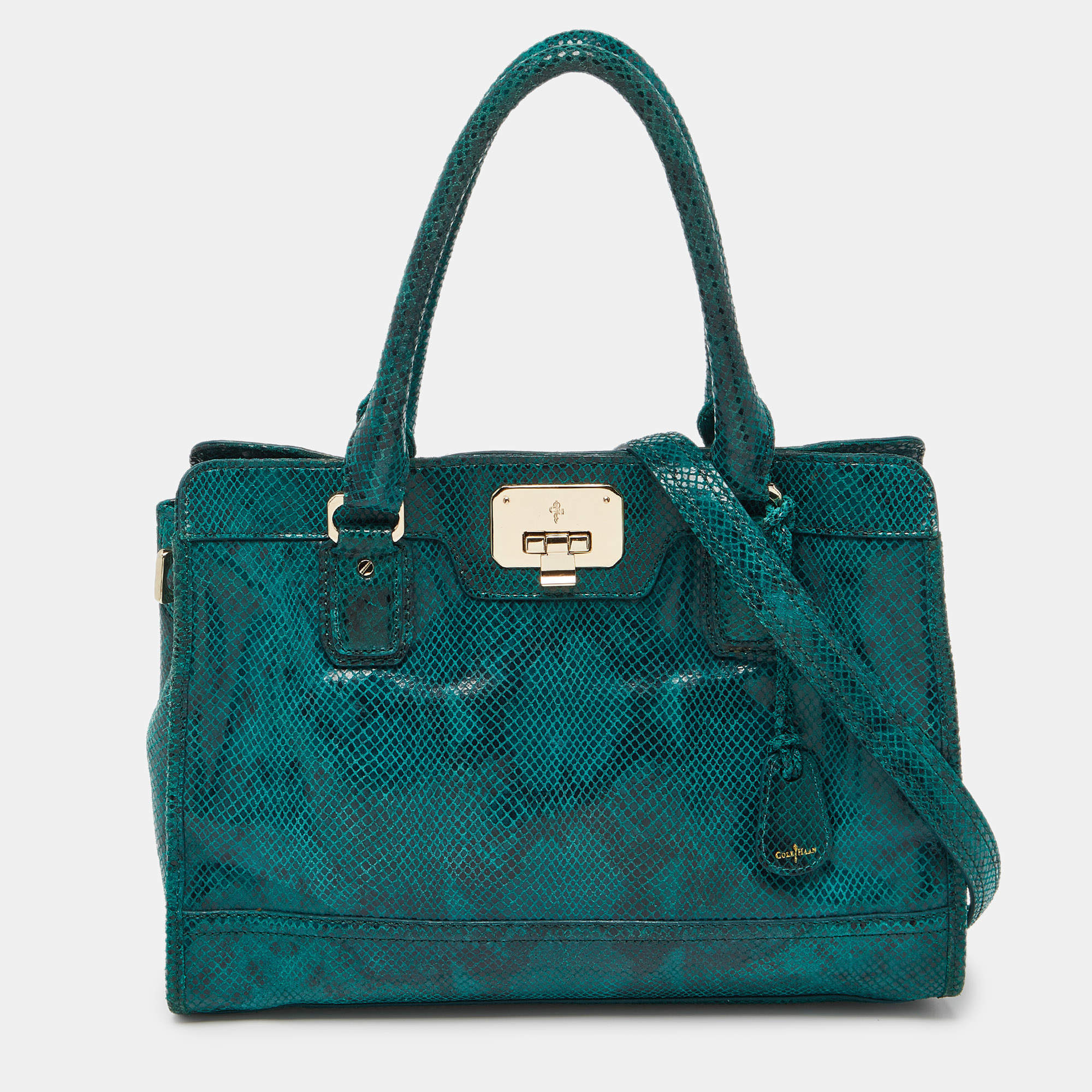 Cole Haan Green Snakeskin Embossed Leather Tote 