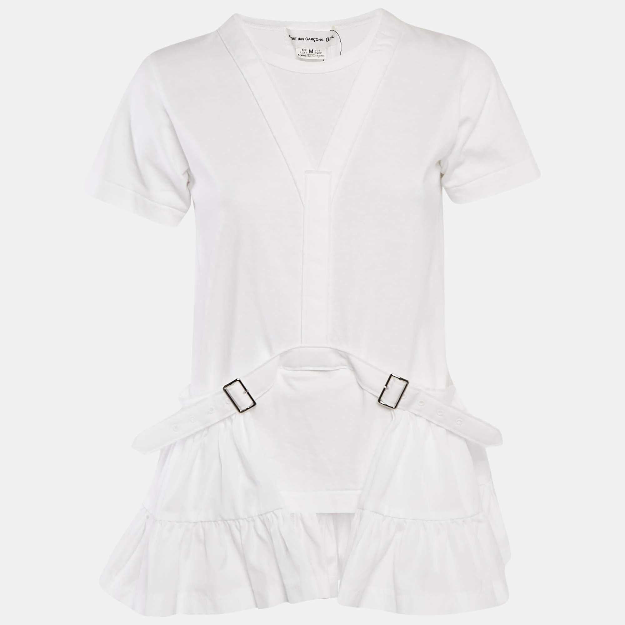 Pre Owned Comme des Garcons White Cotton and Cotton Knit Belt Detail Ruffled Top M