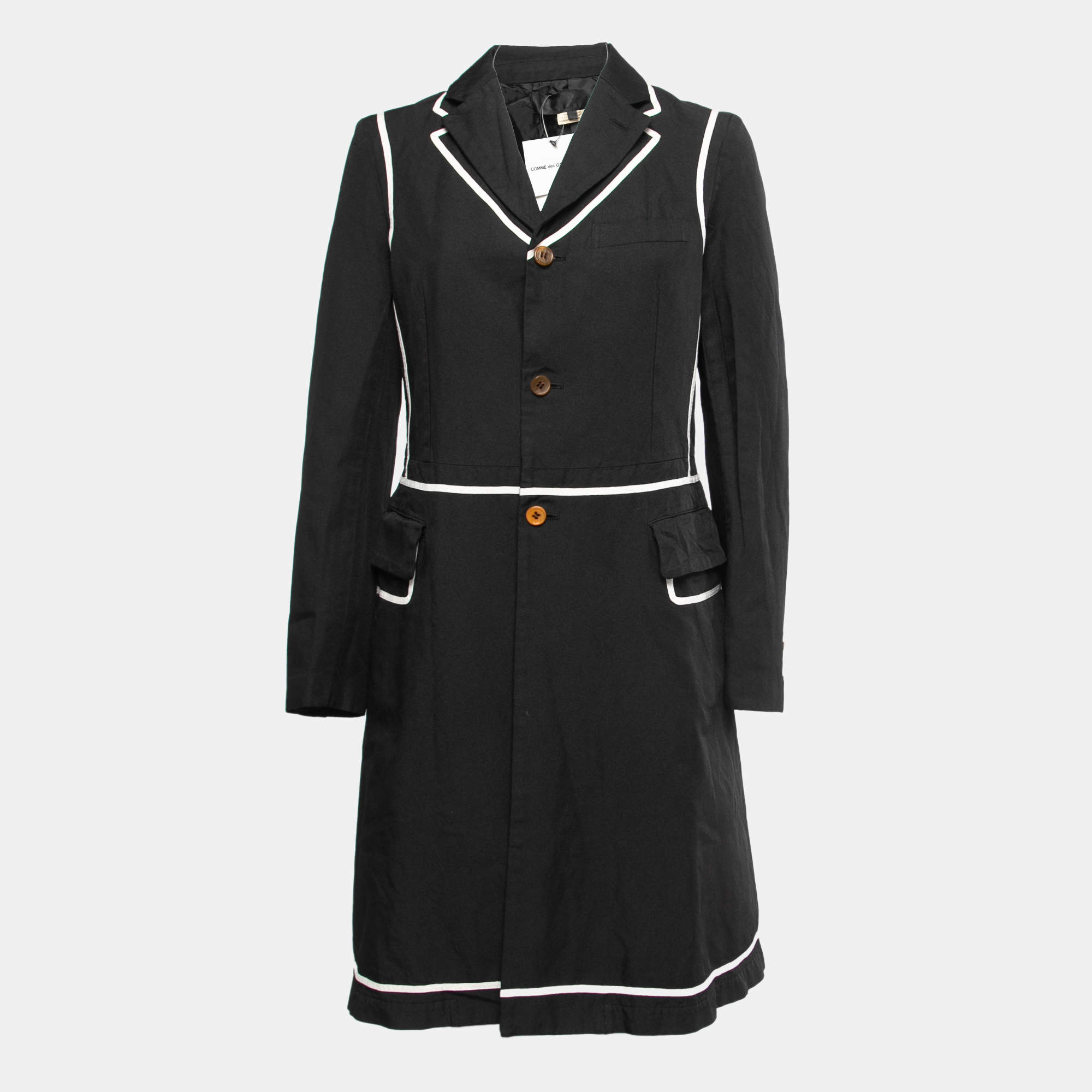 Pre Owned Comme des Garçons Black Synthetic Contrast Trimmed Mid-Length Coat M