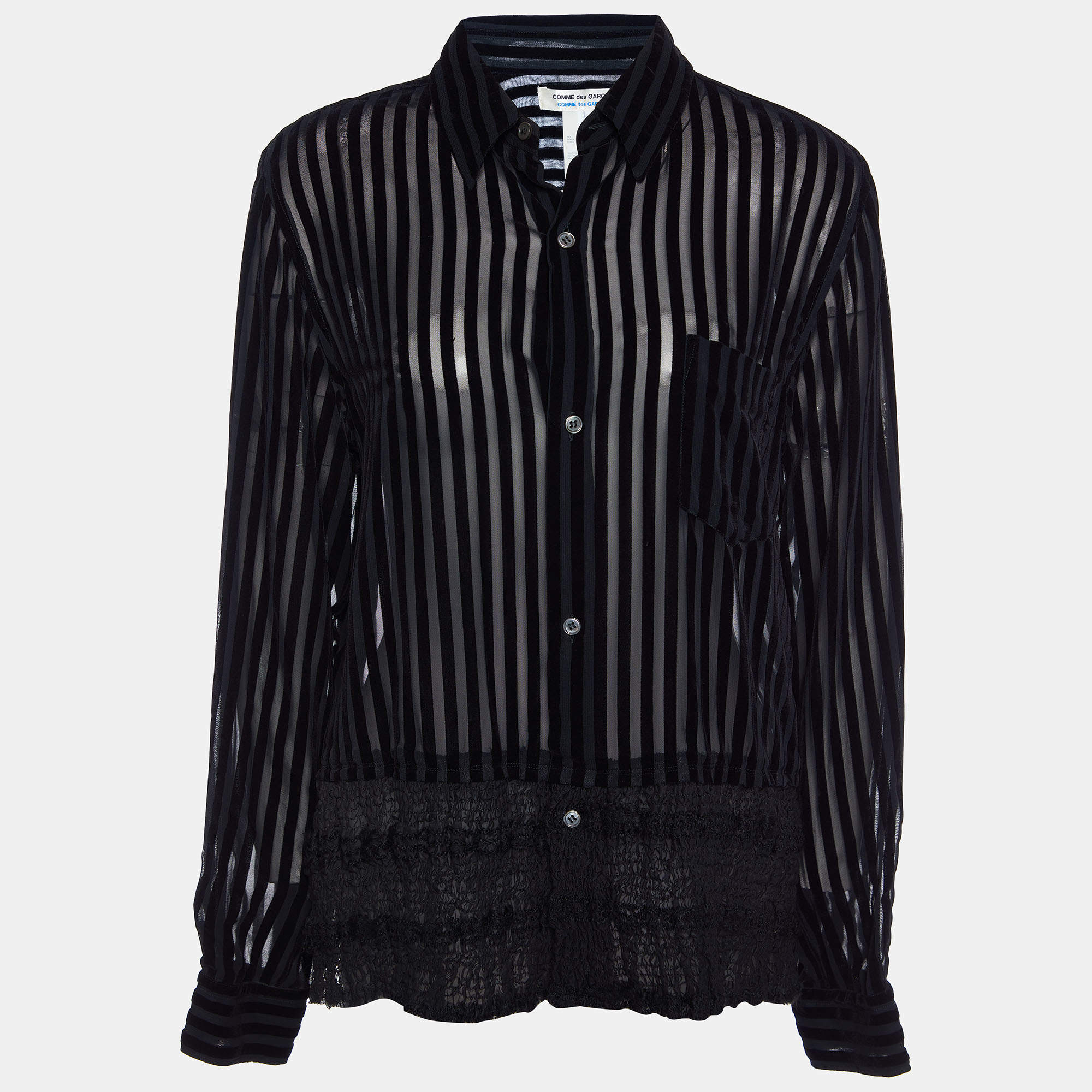 Pre Owned Comme des Garçons Black Striped Velour & Smocked Hem Shirt L
