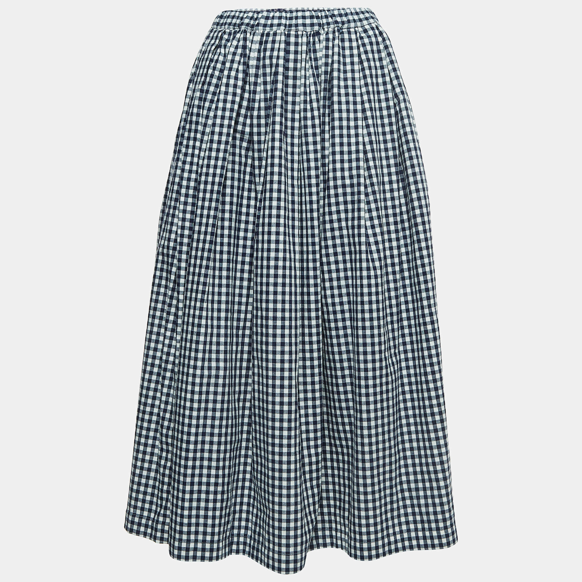 Comme des Garcons Navy Blue Checked Cotton Drawstring Midi Skirt M ...