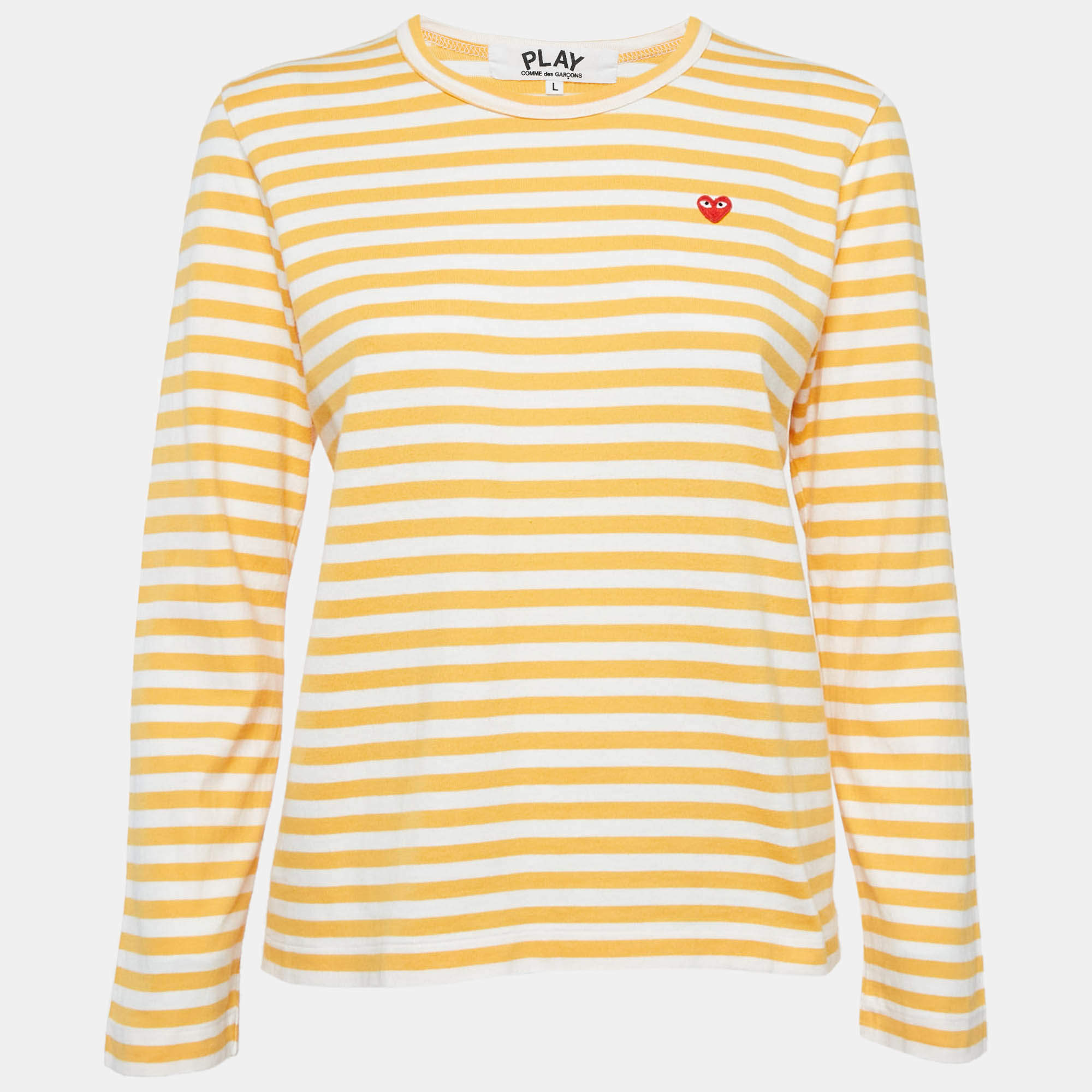 Pre Owned Comme des GarçonsPlay Yellow Stripe Cotton Full Sleeve T-Shirt L