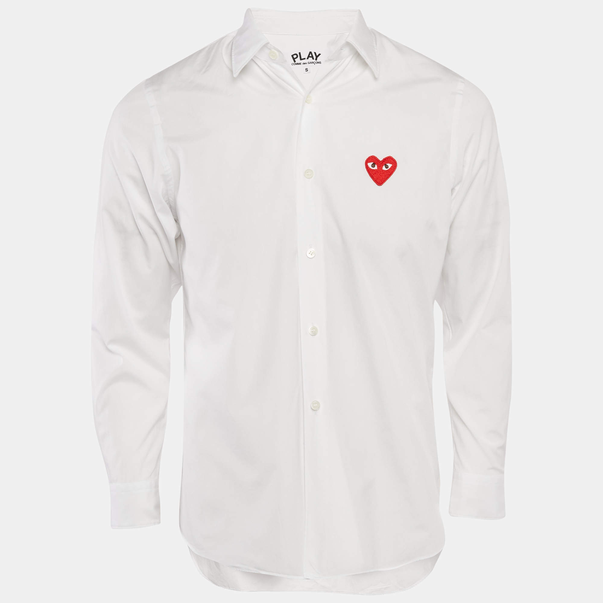Pre Owned Comme des Garcons White Red Heart Applique Cotton Shirt S
