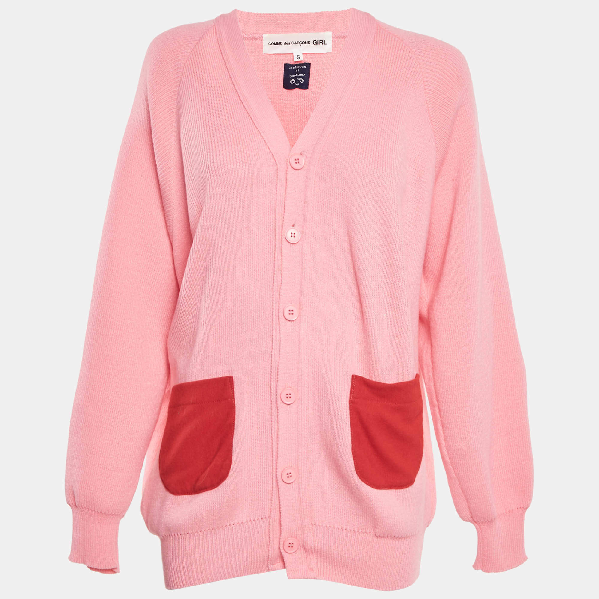 Comme des Garçons Pink Knit Contrast Pocket Detail Button Front Cardigan S