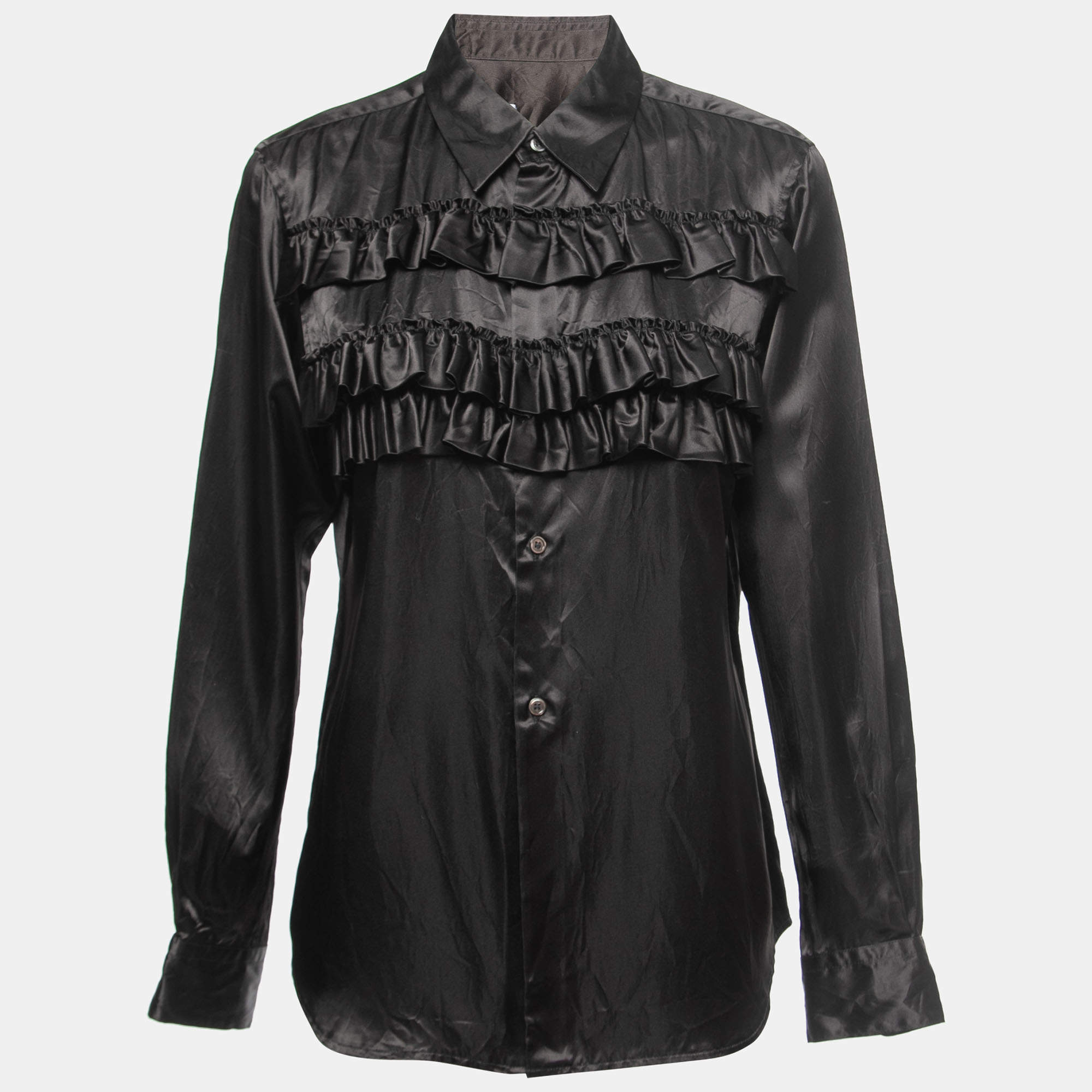 Pre Owned Comme des Garcons Black Satin Ruffled Button Front Shirt L