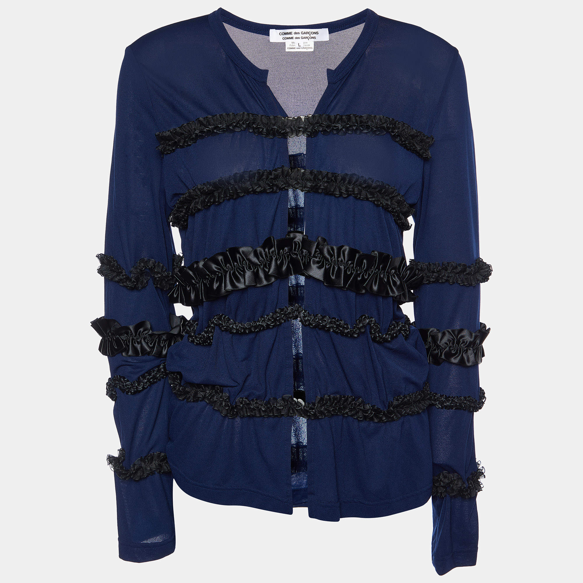 Comme des Garcons Navy Blue Jersey Frill Detail Cut Out Detail Top L