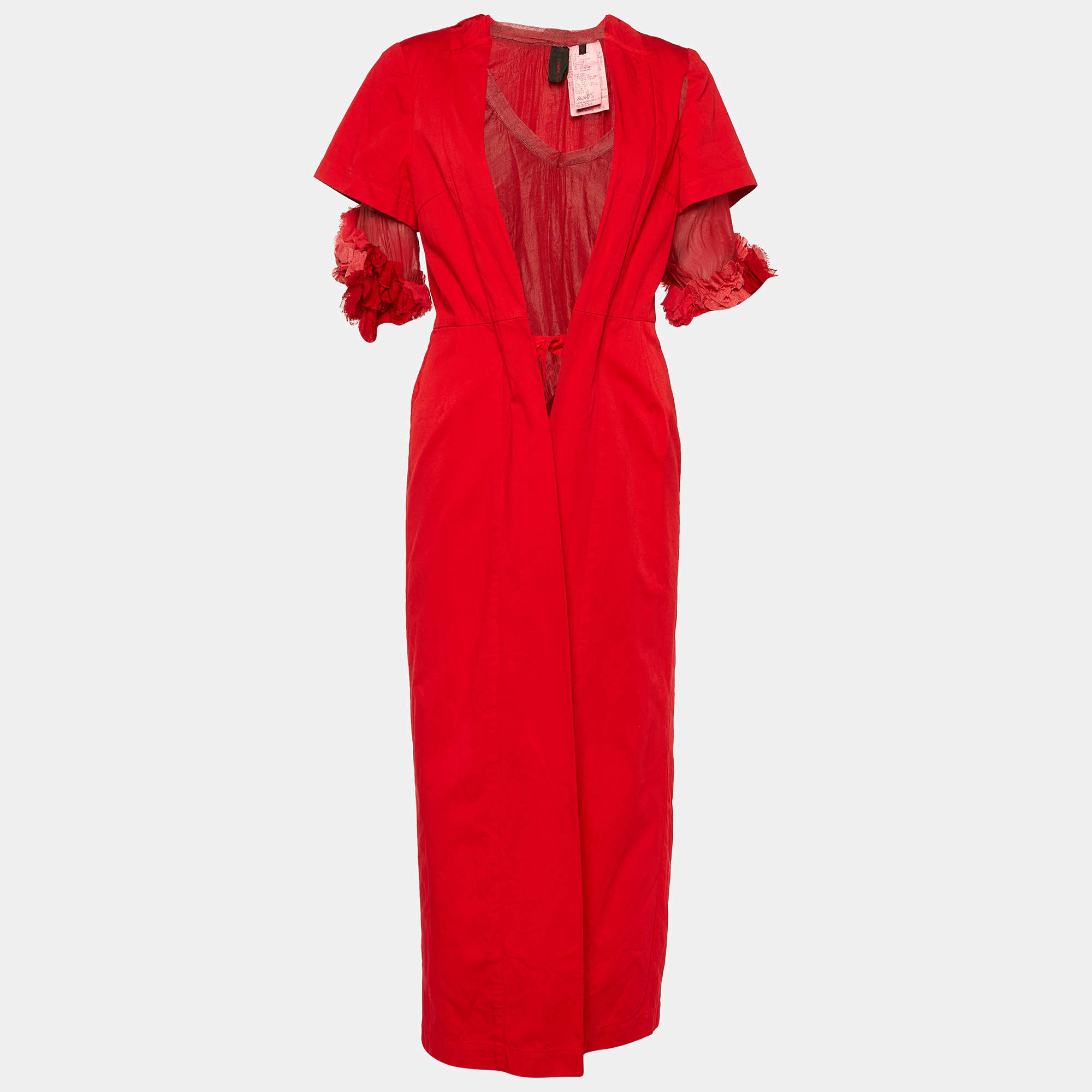 Pre Owned Comme des Garcons Red Cotton Tie Front Long Coat M